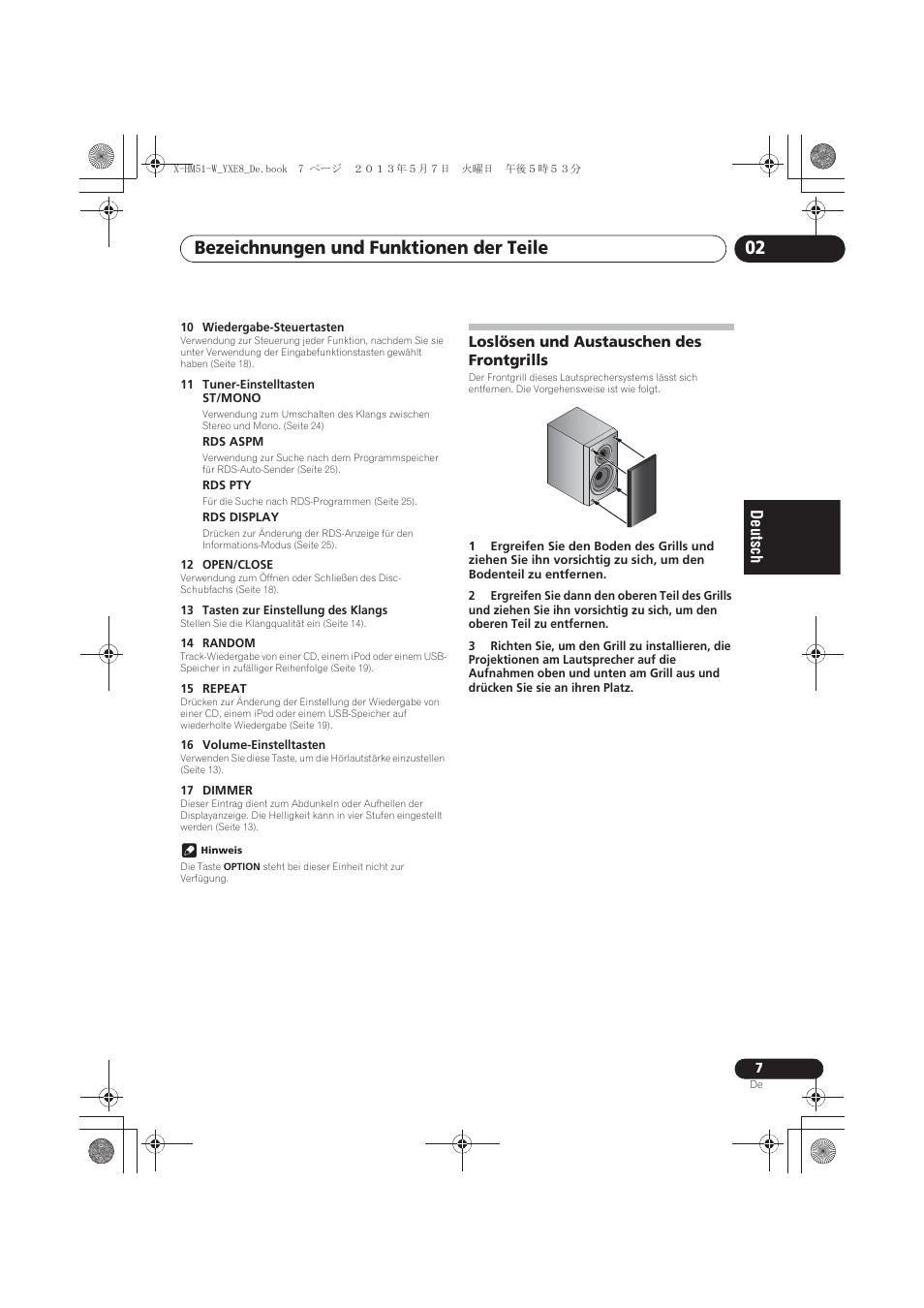 Loslösen und austauschen des frontgrills, Bezeichnungen und funktionen der teile 02 | Pioneer X-HM51-W User Manual | Page 79 / 220