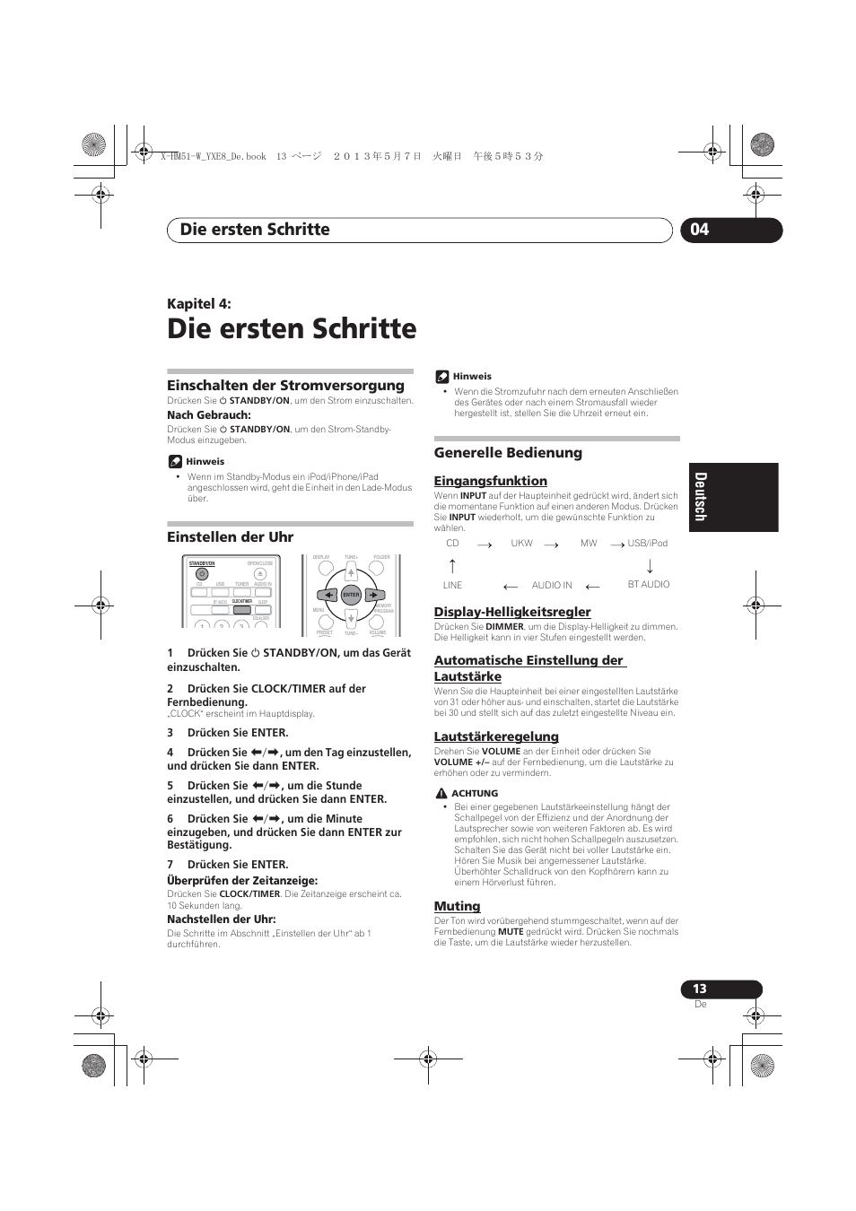 04 die ersten schritte, Einschalten der stromversorgung, Einstellen der uhr | Generelle bedienung, Eingangsfunktion, Display-helligkeitsregler, Automatische einstellung der lautstärke, Lautstärkeregelung, Muting, Die ersten schritte | Pioneer X-HM51-W User Manual | Page 85 / 220