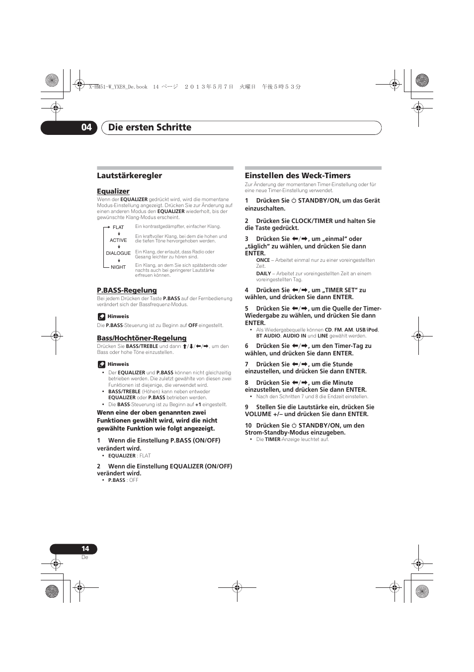 Lautstärkeregler, Equalizer, P.bass-regelung | Bass/hochtöner-regelung, Einstellen des weck-timers, Die ersten schritte 04 | Pioneer X-HM51-W User Manual | Page 86 / 220