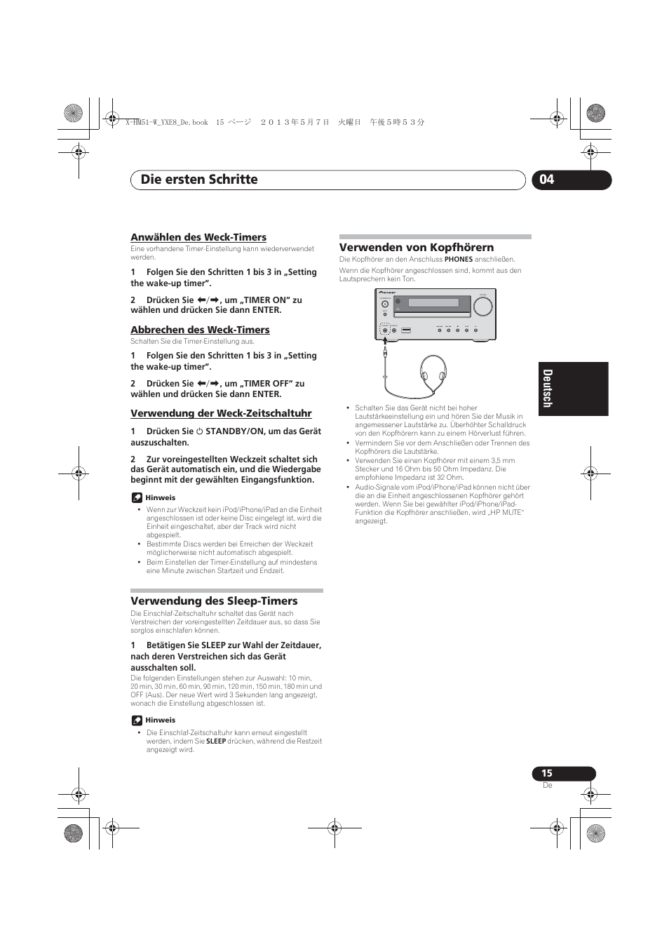 Anwählen des weck-timers, Abbrechen des weck-timers, Verwendung der weck-zeitschaltuhr | Verwendung des sleep-timers, Verwenden von kopfhörern, Die ersten schritte 04 | Pioneer X-HM51-W User Manual | Page 87 / 220