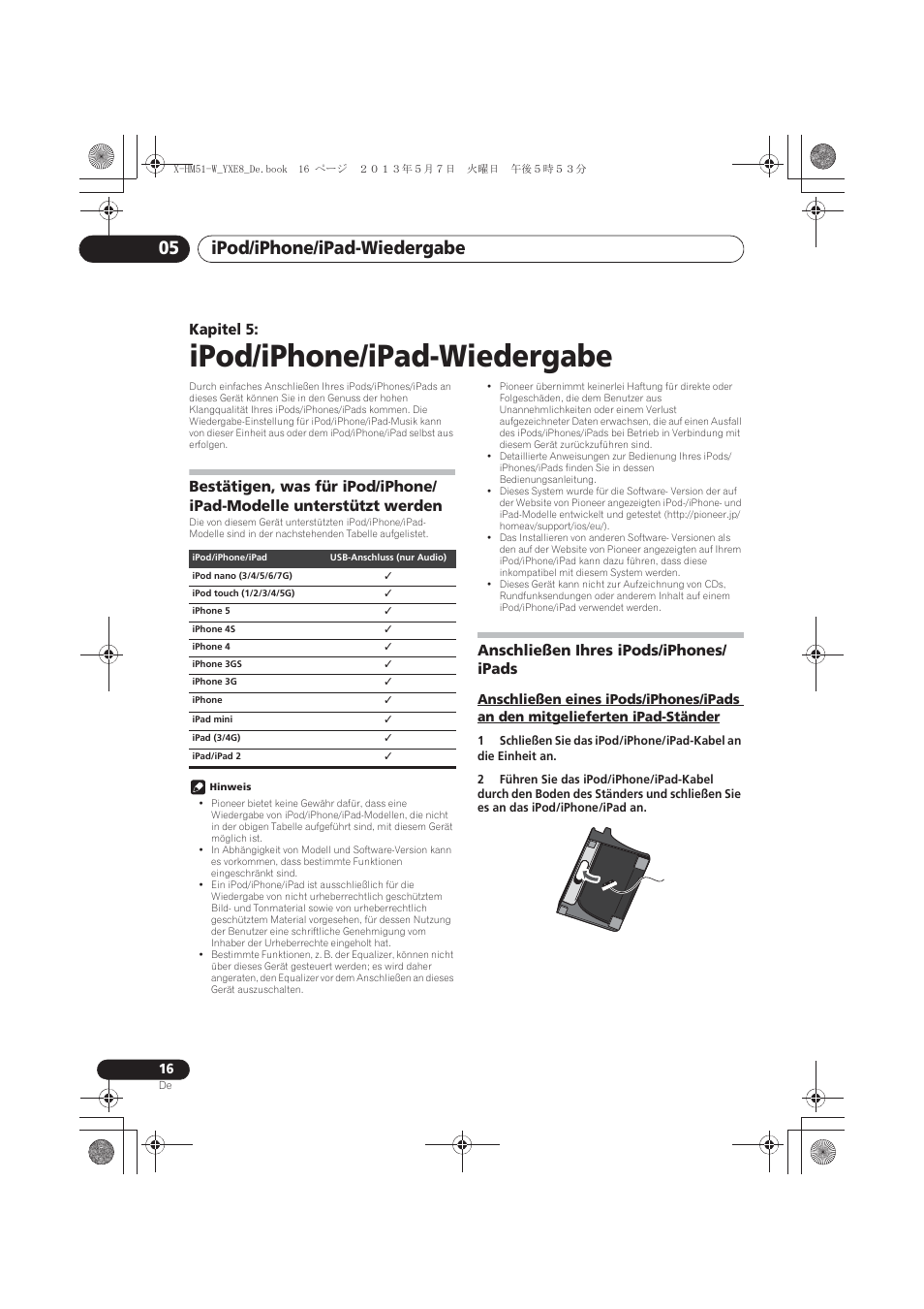 05 ipod/iphone/ipad-wiedergabe, Bestätigen, was für ipod/iphone/ipad-modelle, Unterstützt werden | Anschließen ihres ipods/iphones/ ipads, Anschließen eines ipods/iphones/ipads an den, Mitgelieferten ipad-ständer, Ipod/iphone/ipad-wiedergabe, Ipod/iphone/ipad-wiedergabe 05, Kapitel 5 | Pioneer X-HM51-W User Manual | Page 88 / 220