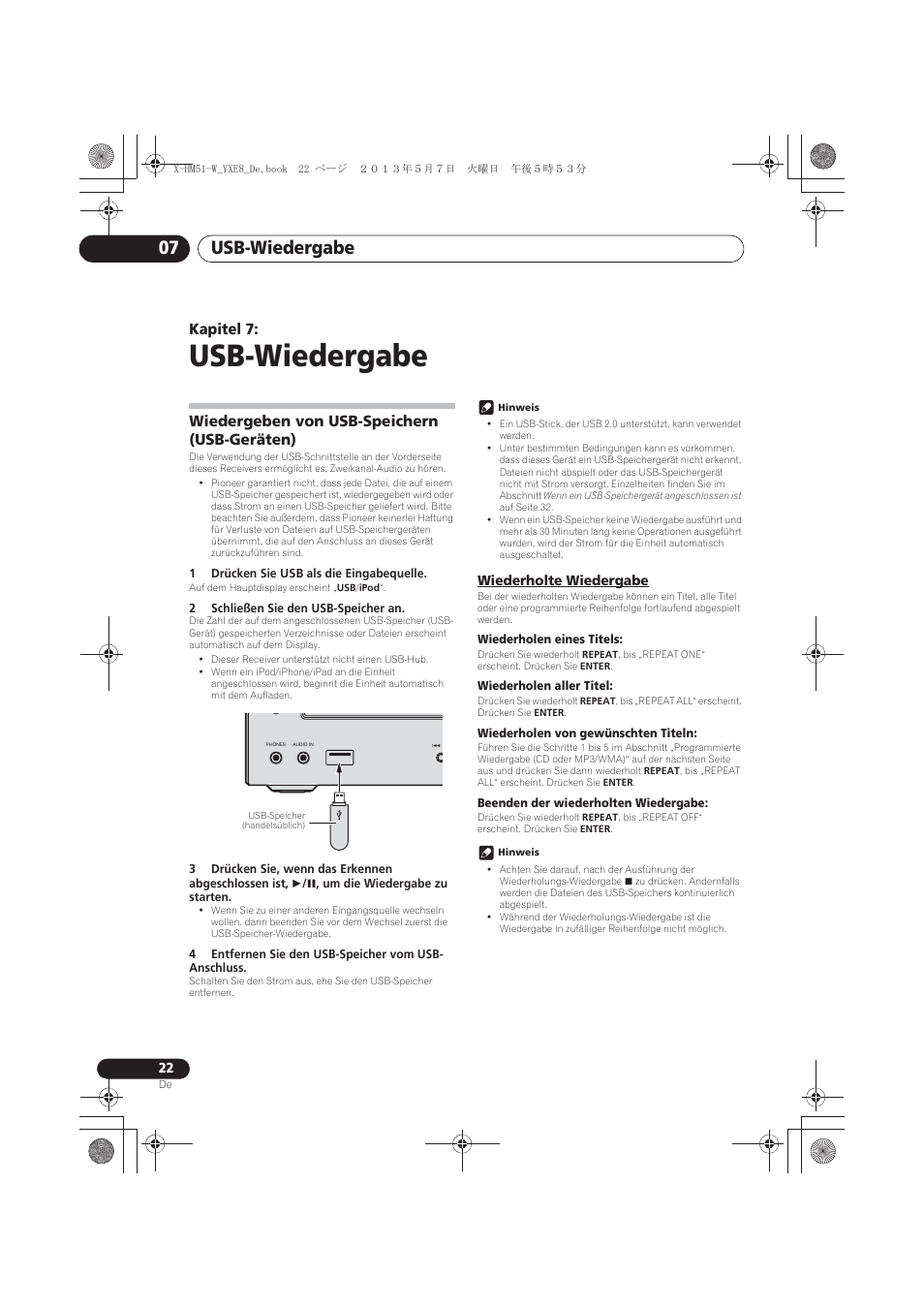 07 usb-wiedergabe, Wiedergeben von usb-speichern (usb-geräten), Wiederholte wiedergabe | Usb-wiedergabe, Usb-wiedergabe 07, Kapitel 7 | Pioneer X-HM51-W User Manual | Page 94 / 220