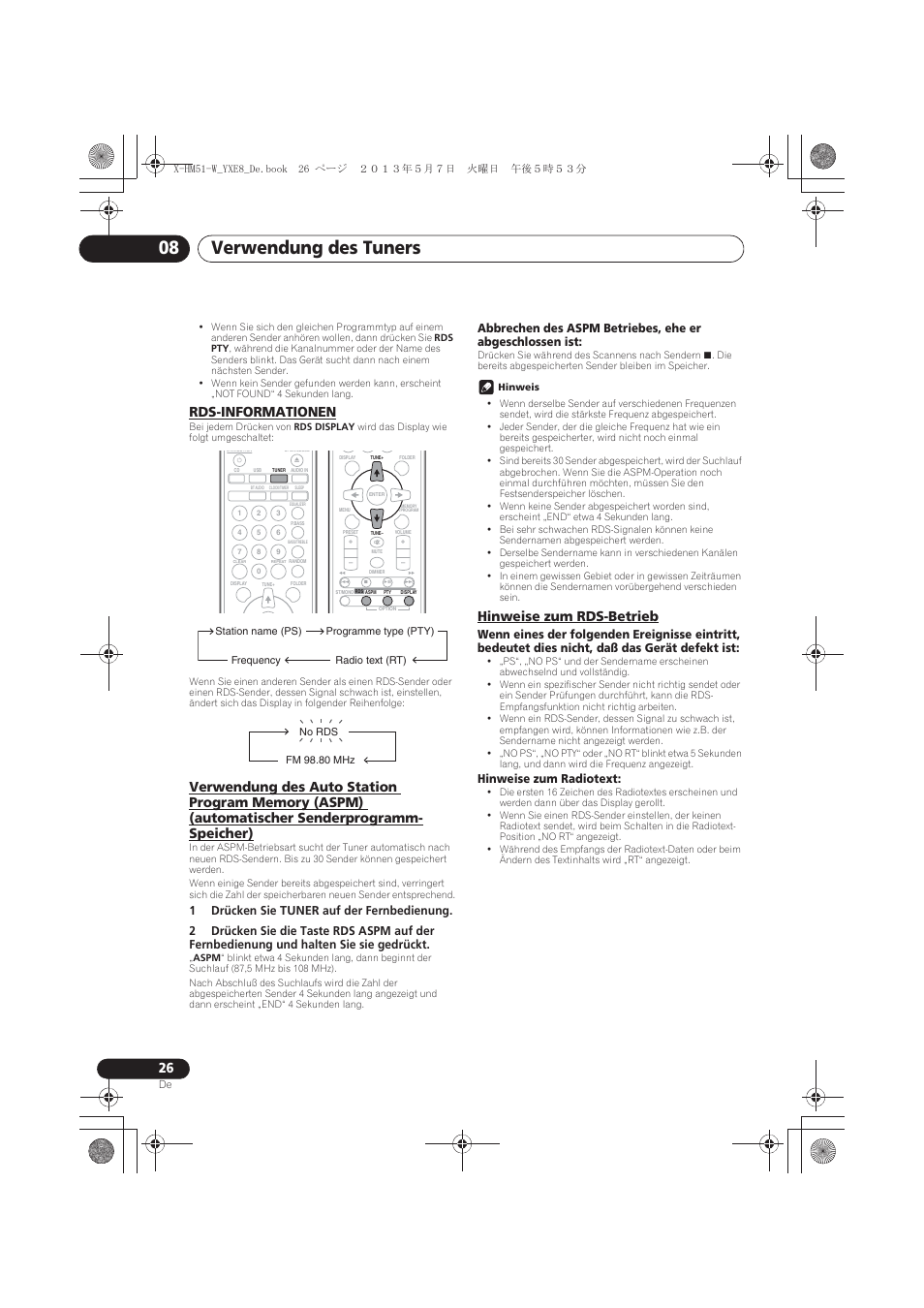 Rds-informationen, Verwendung des auto station program memory (aspm), Automatischer senderprogramm-speicher) | Hinweise zum rds-betrieb, Verwendung des tuners 08 | Pioneer X-HM51-W User Manual | Page 98 / 220