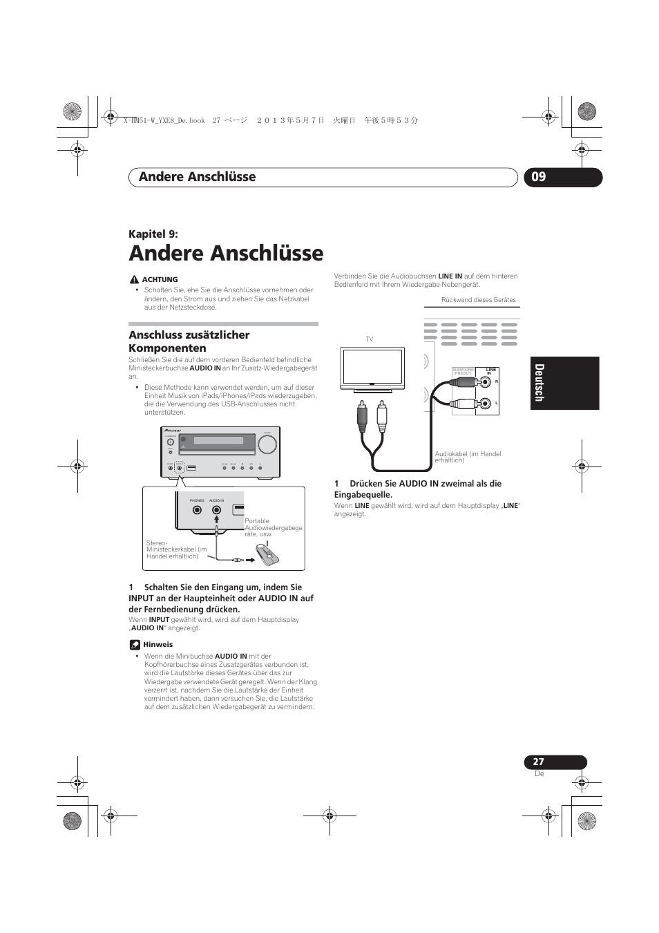 09 andere anschlüsse, Anschluss zusätzlicher komponenten, Andere anschlüsse | Andere anschlüsse 09, Kapitel 9, Timer | Pioneer X-HM51-W User Manual | Page 99 / 220