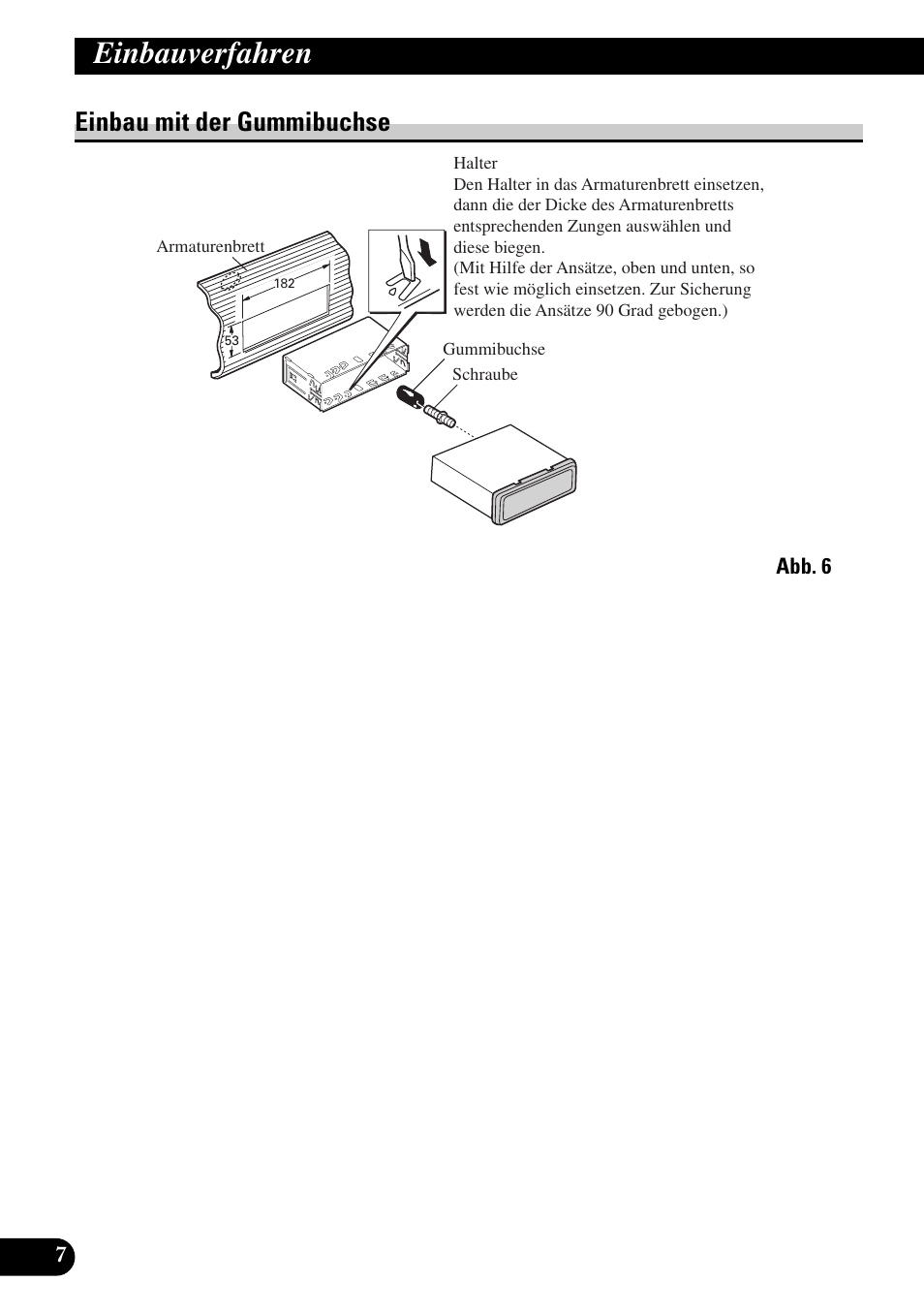 Einbau mit der gummibuchse, Einbauverfahren | Pioneer DEH-P90DAB User Manual | Page 28 / 64