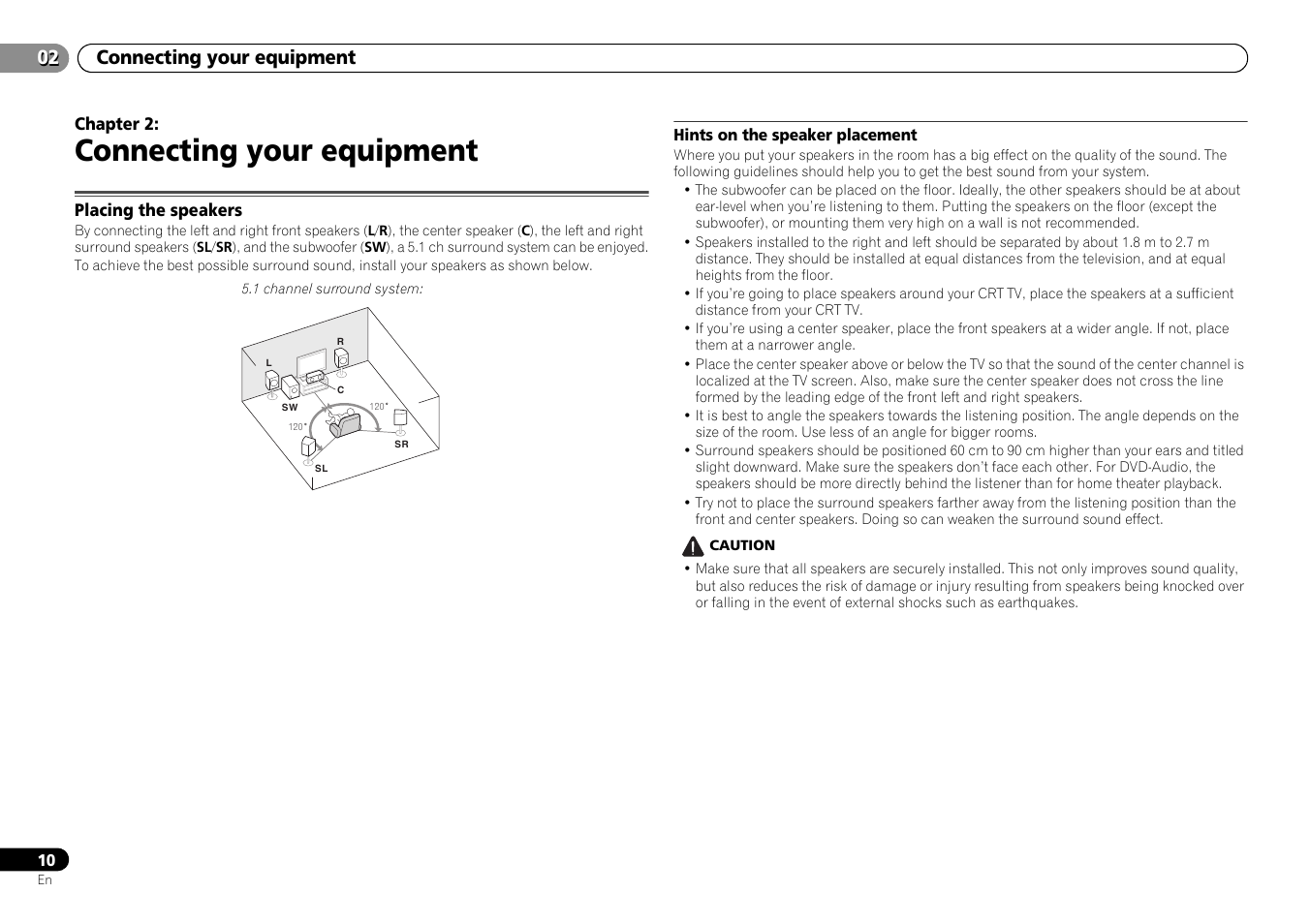 02 connecting your equipment, Placing the speakers, Hints on the speaker placement | Connecting your equipment | Pioneer HTP-073 User Manual | Page 10 / 38