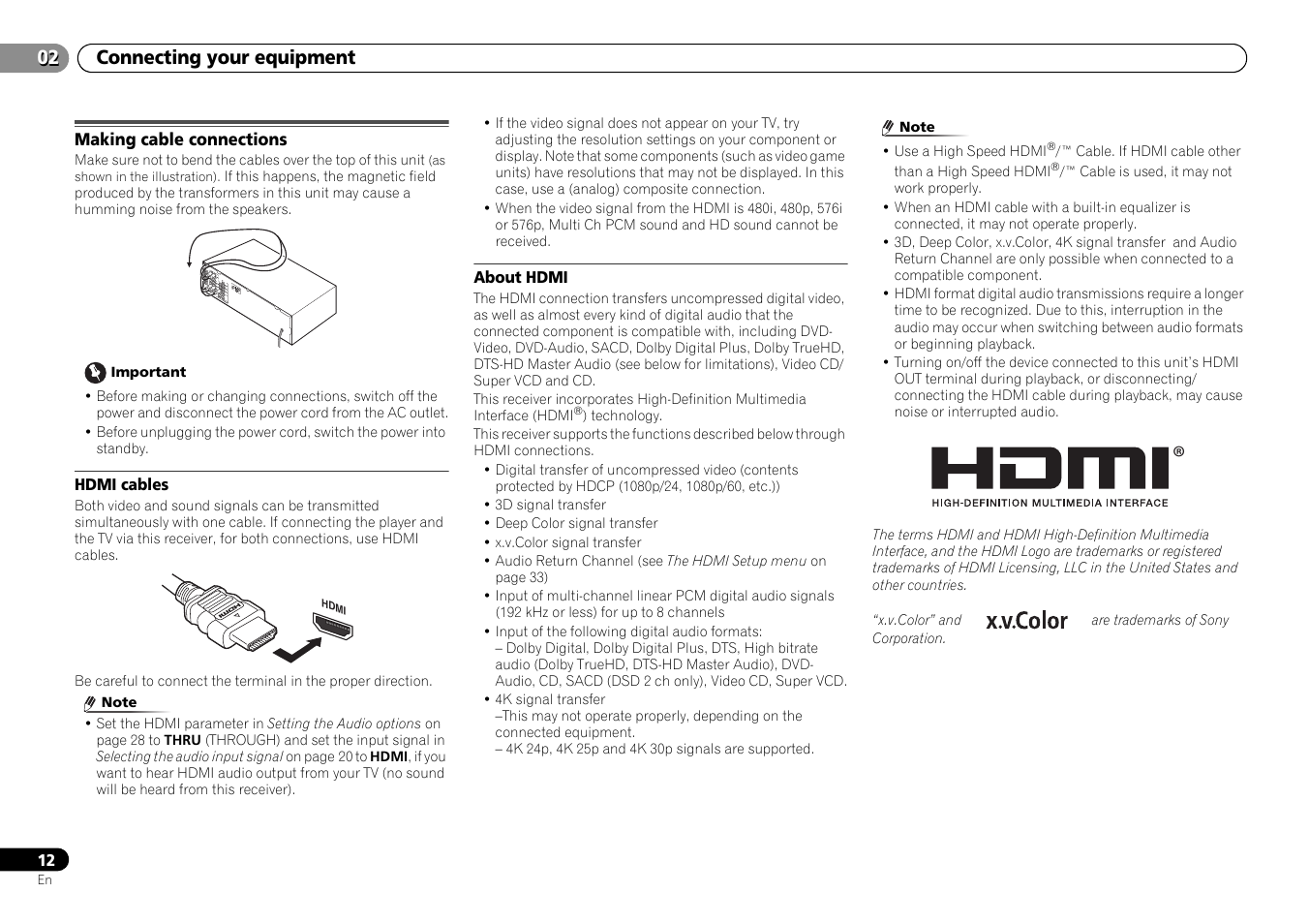 Making cable connections, Hdmi cables, About hdmi | 02 connecting your equipment | Pioneer HTP-073 User Manual | Page 12 / 38