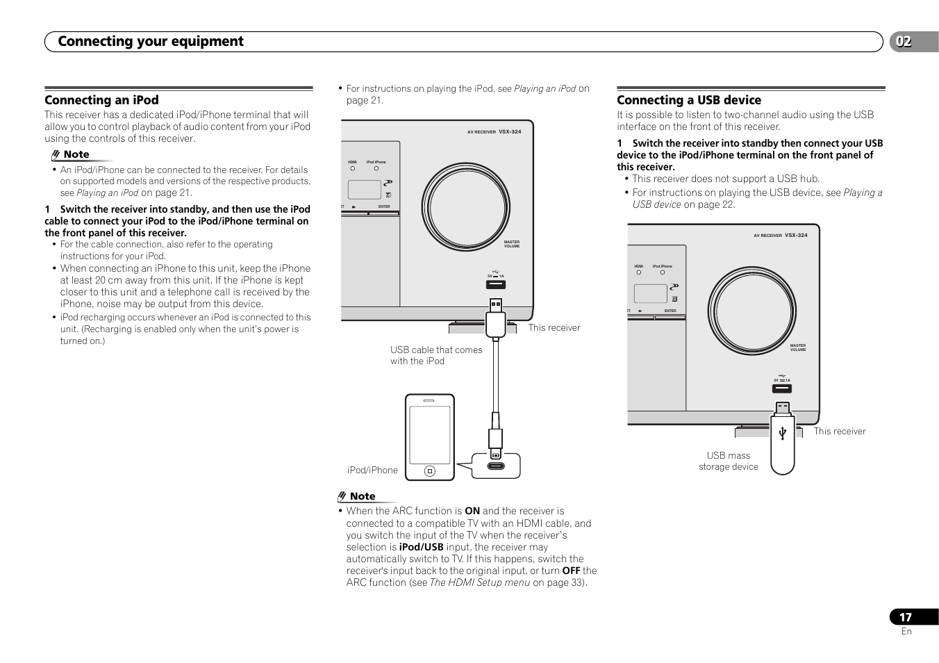 Connecting an ipod, Connecting a usb device, 02 connecting your equipment | Pioneer HTP-073 User Manual | Page 17 / 38