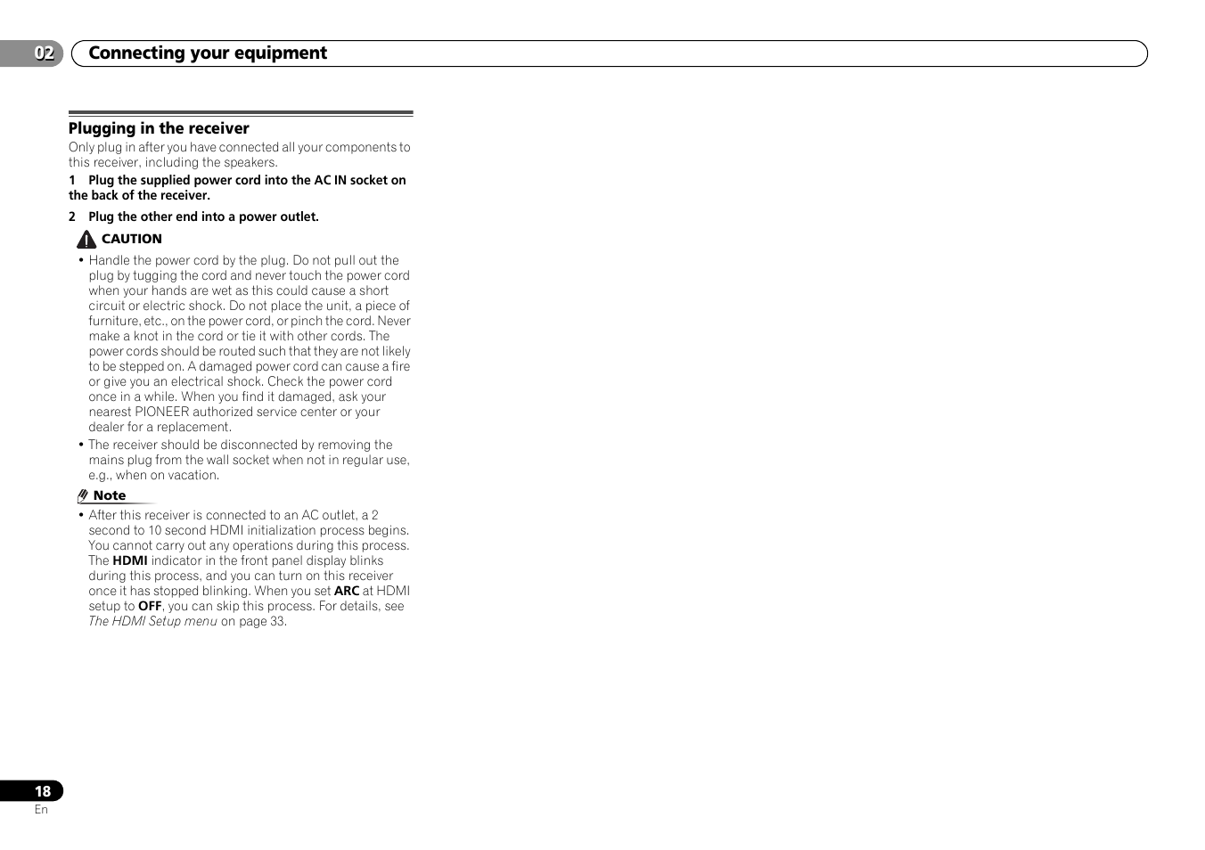 Plugging in the receiver, 02 connecting your equipment | Pioneer HTP-073 User Manual | Page 18 / 38
