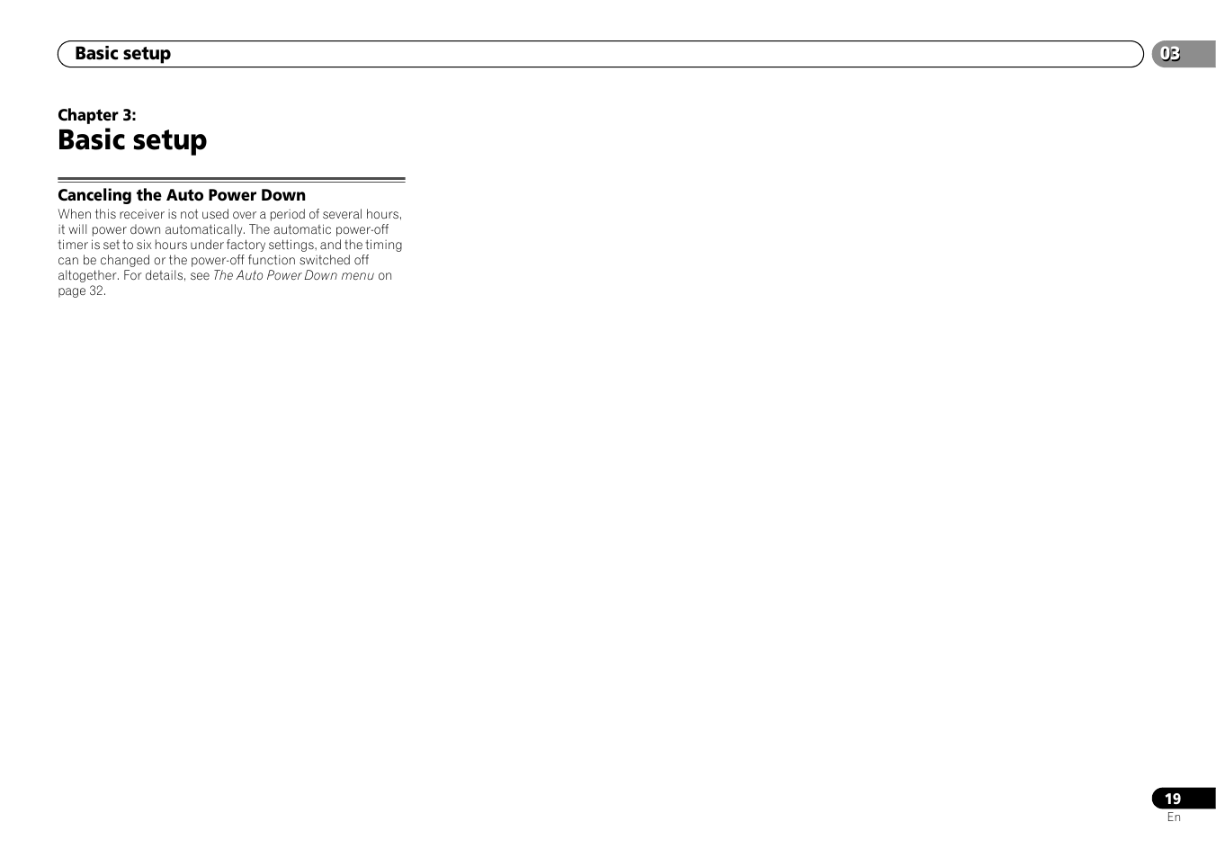 03 basic setup, Canceling the auto power down, Basic setup | Pioneer HTP-073 User Manual | Page 19 / 38