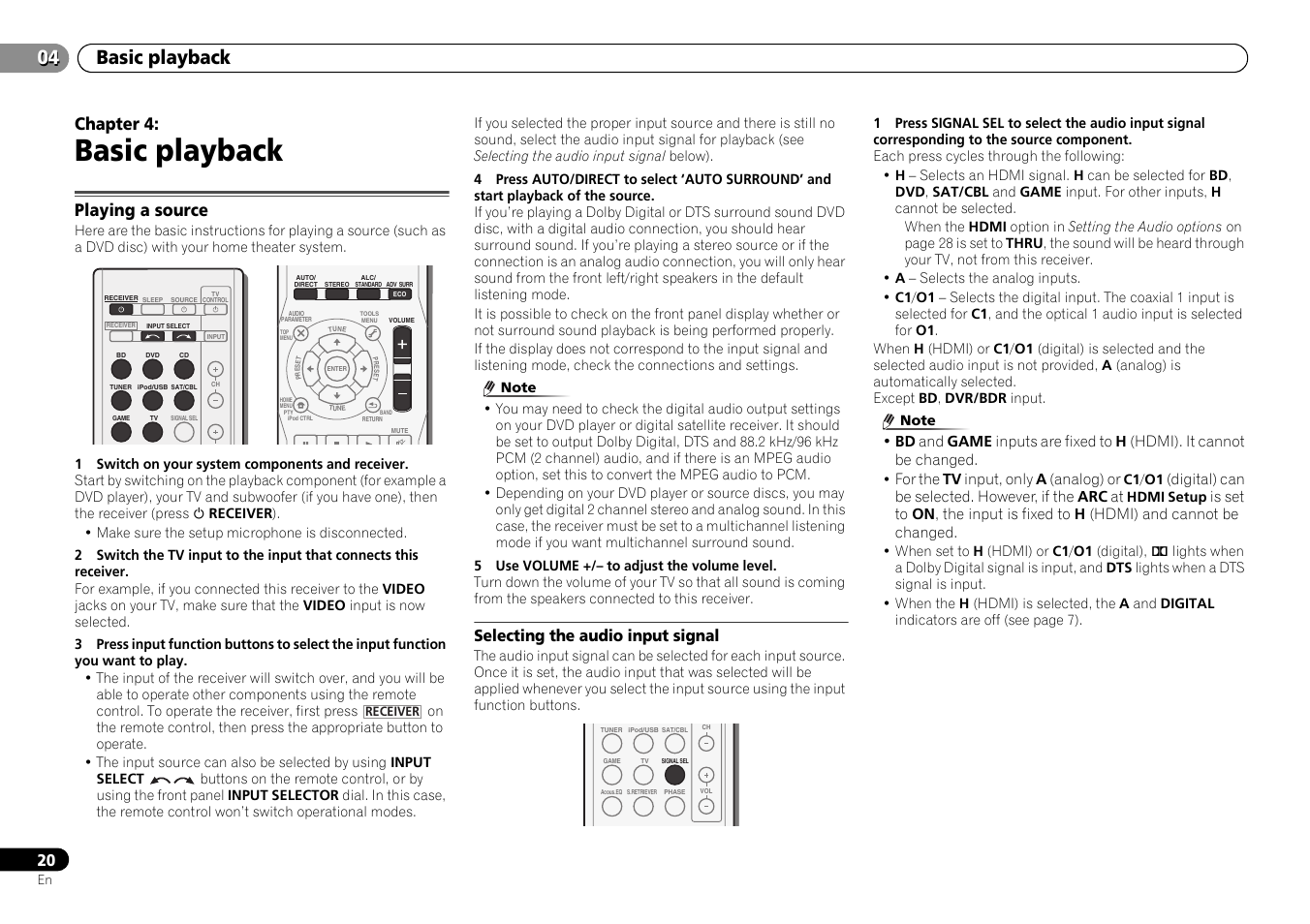 04 basic playback, Playing a source, Selecting the audio input signal | Basic playback, Chapter 4 | Pioneer HTP-073 User Manual | Page 20 / 38