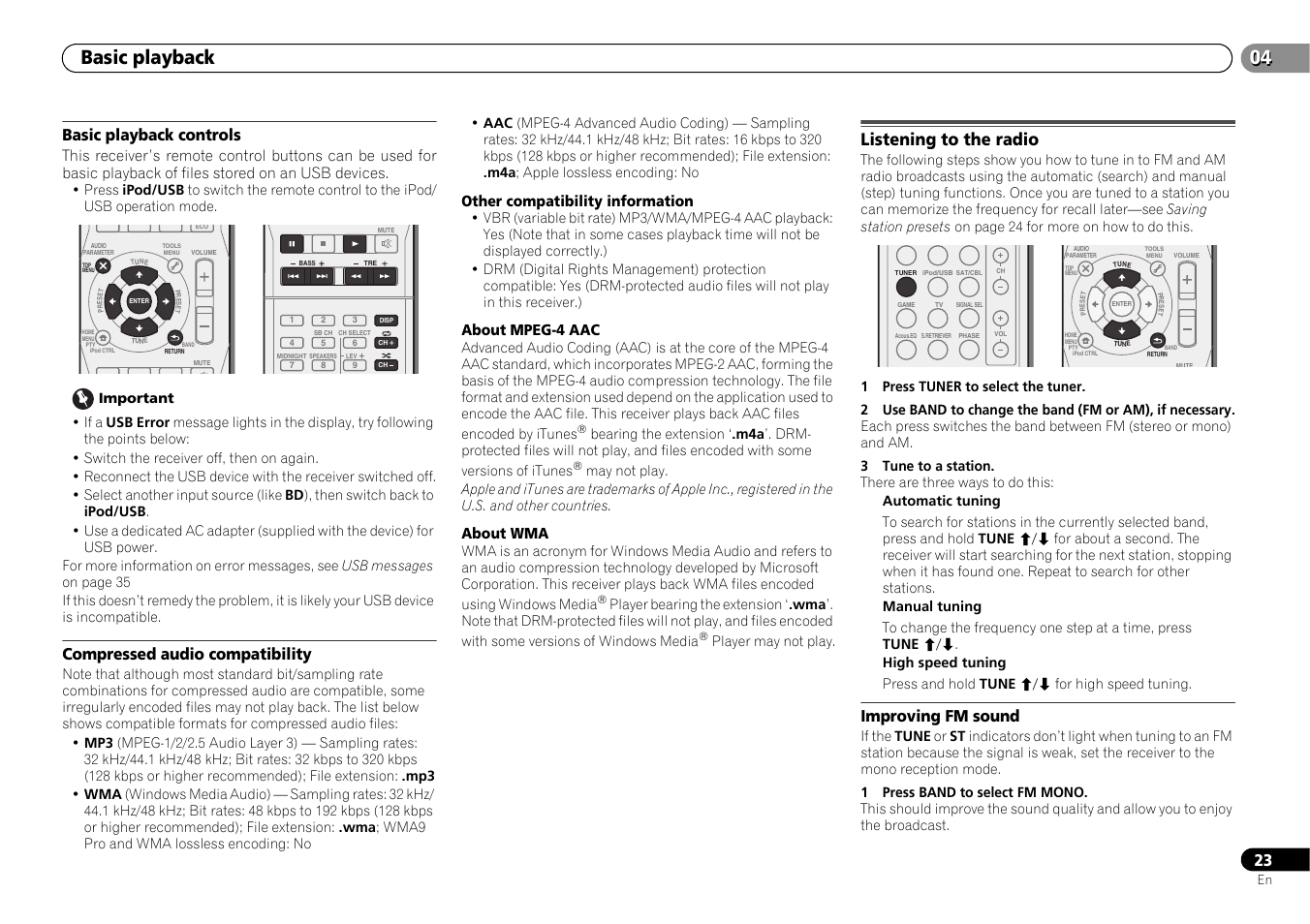 Basic playback controls, Compressed audio compatibility, Listening to the radio | Improving fm sound, 04 basic playback, Other compatibility information, About mpeg-4 aac, About wma | Pioneer HTP-073 User Manual | Page 23 / 38