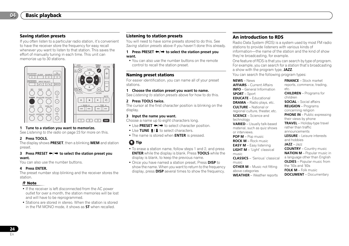 Saving station presets, Listening to station presets, Naming preset stations | An introduction to rds, 04 basic playback | Pioneer HTP-073 User Manual | Page 24 / 38