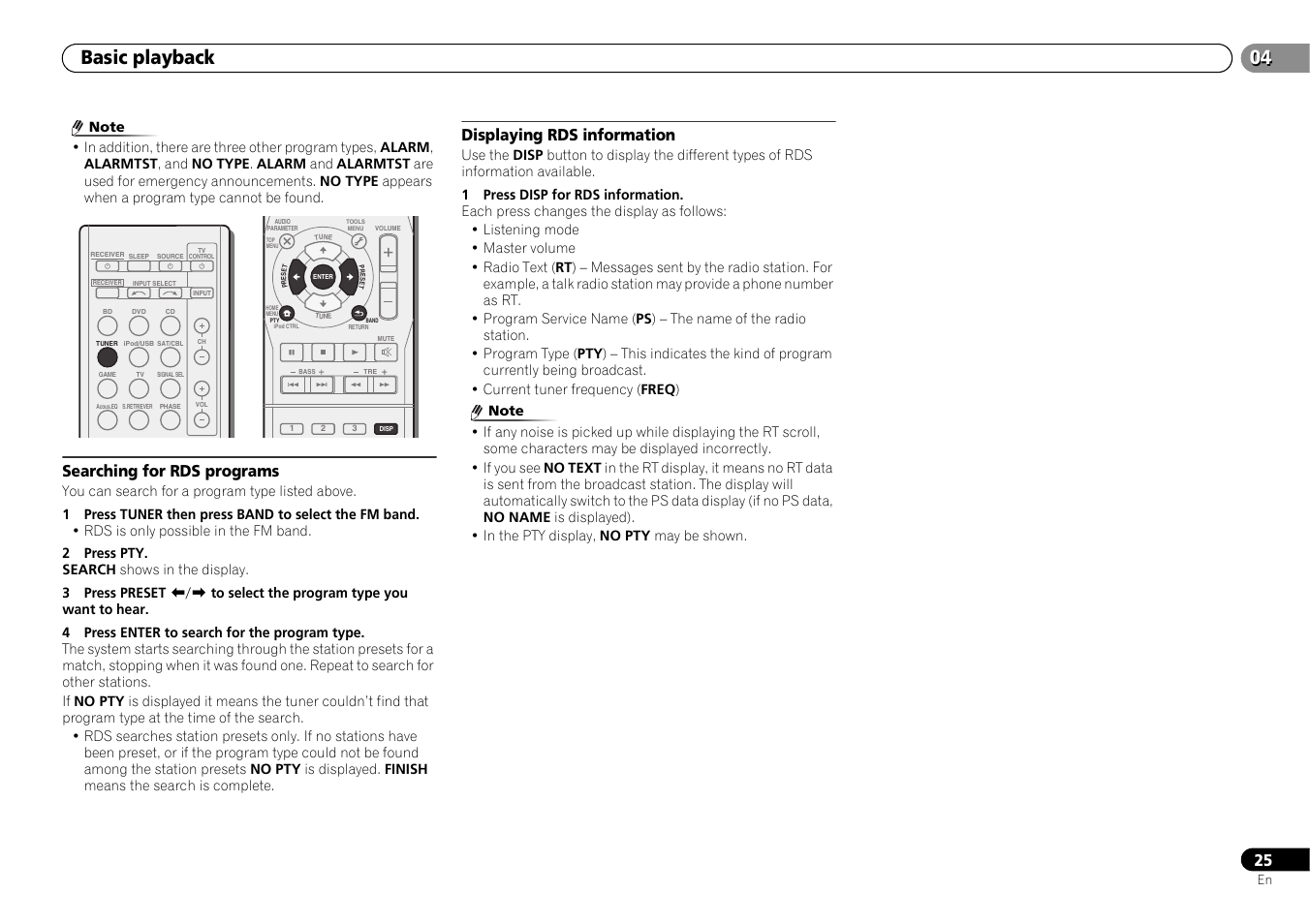 Searching for rds programs, Displaying rds information, 04 basic playback | Pioneer HTP-073 User Manual | Page 25 / 38