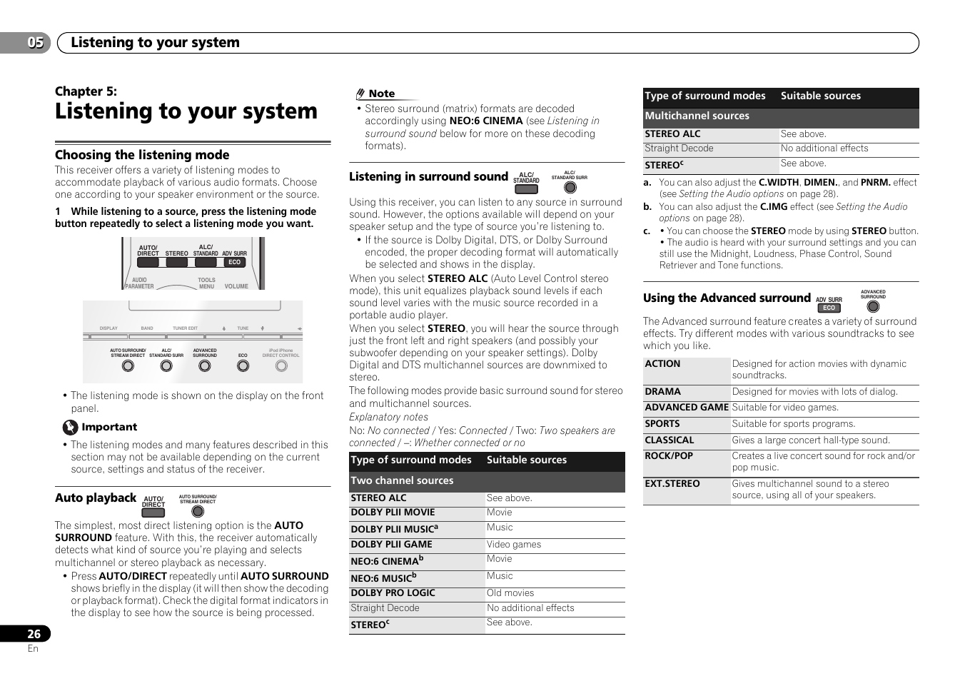 05 listening to your system, Choosing the listening mode, Auto playback | Listening in surround sound, Using the advanced surround, Listening to your system | Pioneer HTP-073 User Manual | Page 26 / 38