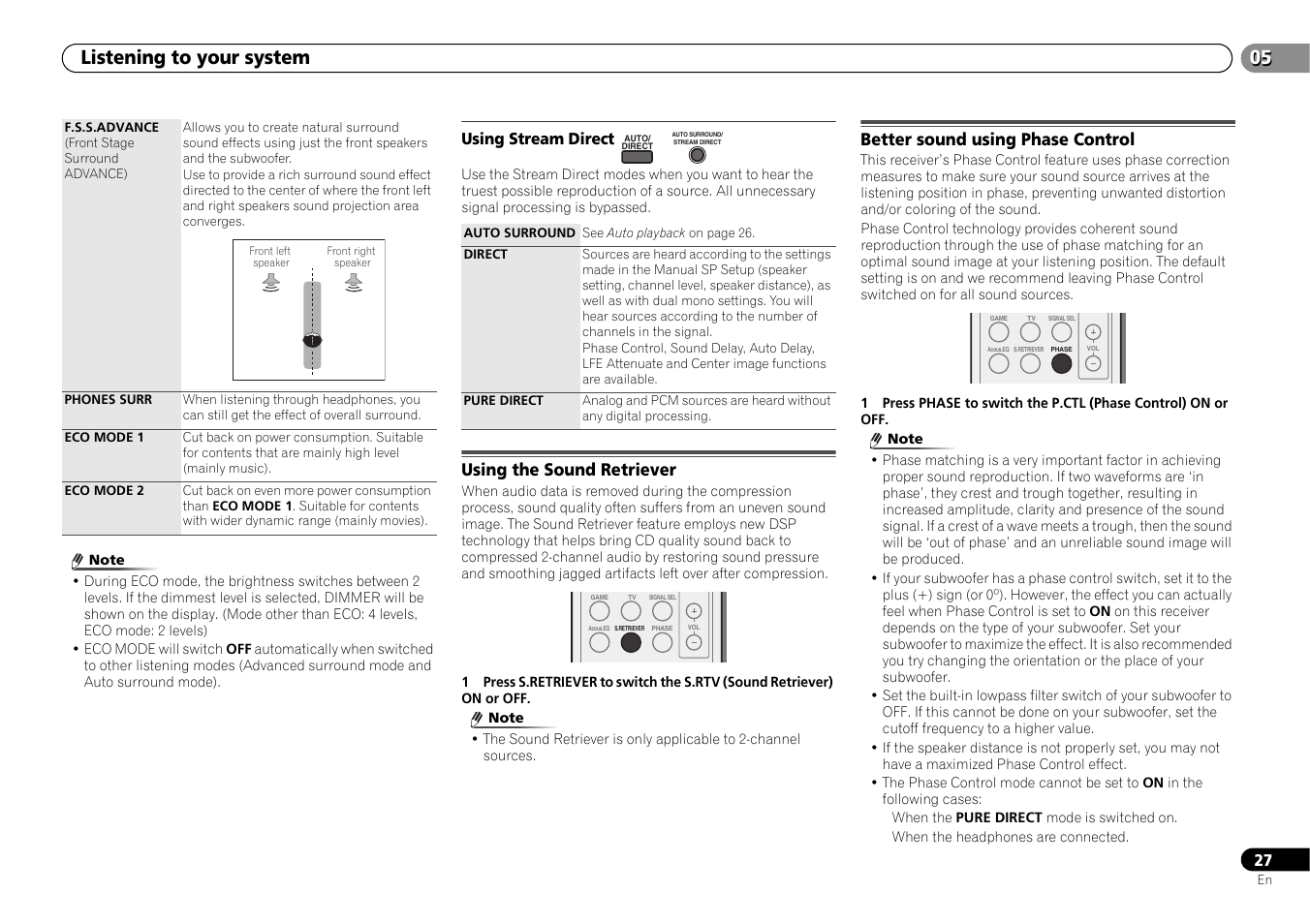 Using stream direct, Using the sound retriever, Better sound using phase control | 05 listening to your system | Pioneer HTP-073 User Manual | Page 27 / 38