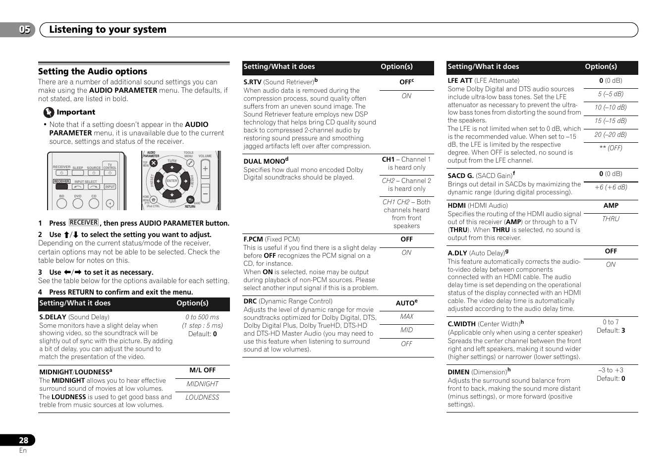 Setting the audio options, 05 listening to your system | Pioneer HTP-073 User Manual | Page 28 / 38