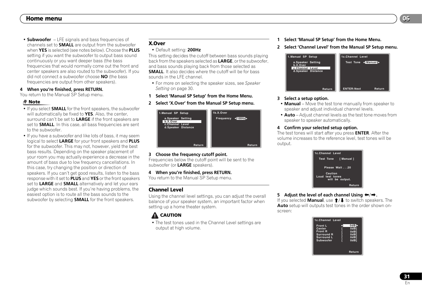 X.over, Channel level, 06 home menu | Pioneer HTP-073 User Manual | Page 31 / 38