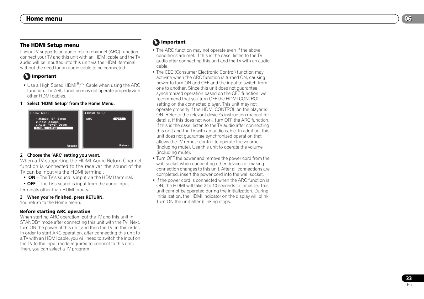 The hdmi setup menu, 06 home menu | Pioneer HTP-073 User Manual | Page 33 / 38