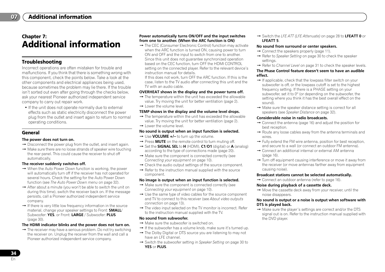 07 additional information, Troubleshooting, General | Additional information | Pioneer HTP-073 User Manual | Page 34 / 38