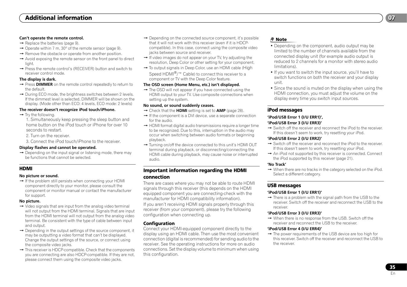 Hdmi, Important information regarding the hdmi, Connection | Ipod messages, Usb messages, Additional information | Pioneer HTP-073 User Manual | Page 35 / 38