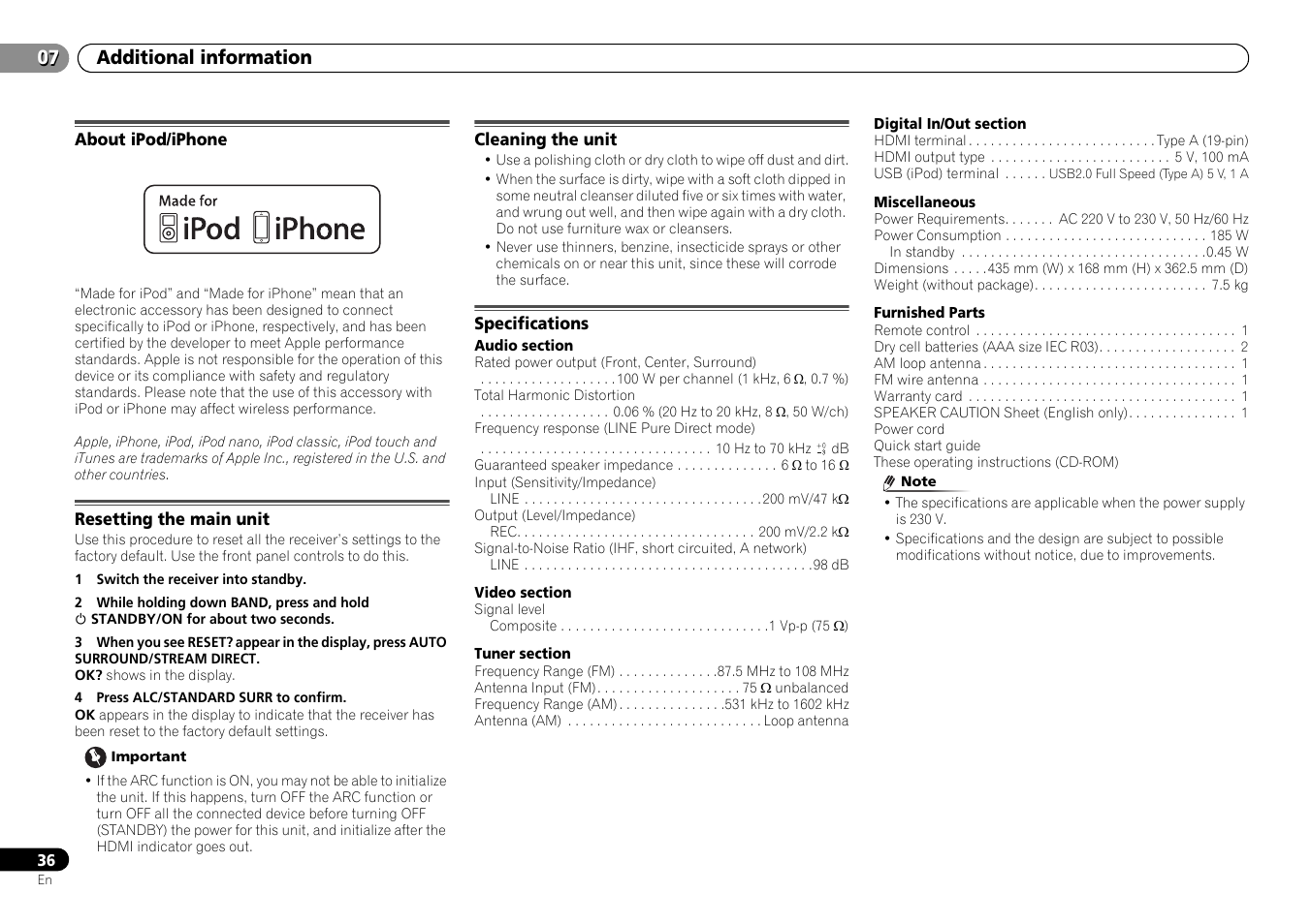About ipod/iphone, Resetting the main unit, Cleaning the unit | Specifications, Additional information | Pioneer HTP-073 User Manual | Page 36 / 38