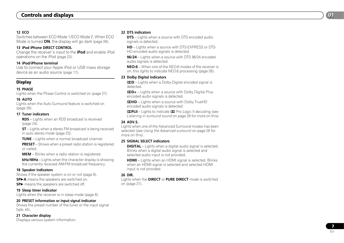 Display, 01 controls and displays | Pioneer HTP-073 User Manual | Page 7 / 38