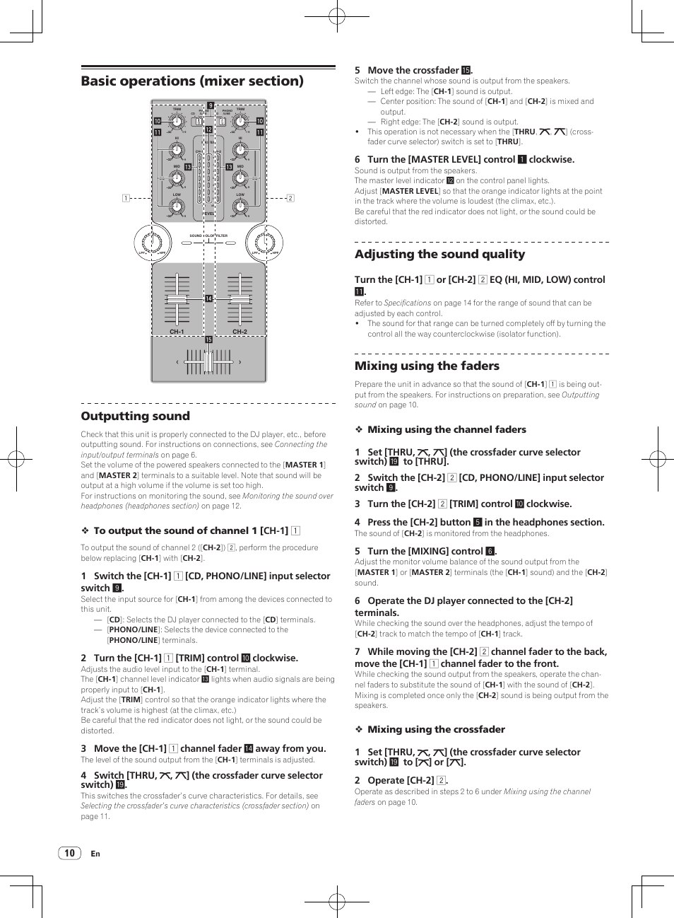 Basic operations (mixer section), Outputting sound, Adjusting the sound quality | Mixing using the faders, 2 turn the [ch-1] 1 [trim] control a clockwise, 3 move the [ch-1] 1 channel fader e away from you, 5 move the crossfader f, 6 turn the [master level] control 1 clockwise, 5 turn the [mixing] control 6 | Pioneer DJM-250-W User Manual | Page 10 / 100