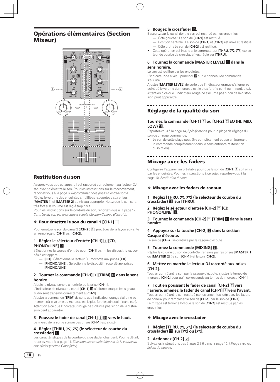 Opérations élémentaires (section mixeur), Restitution du son, Réglage de la qualité du son | Mixage avec les faders, Pour émettre le son du canal 1 [ch-1] 1, 5 bougez le crossfader f, 5 tournez la commande [mixing] 6 | Pioneer DJM-250-W User Manual | Page 24 / 100