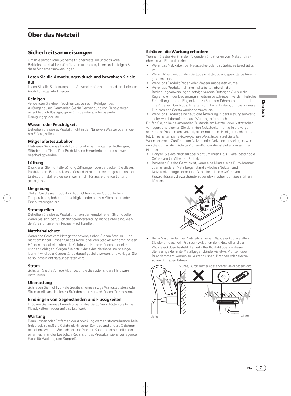Über das netzteil, Sicherheitsanweisungen | Pioneer DJM-250-W User Manual | Page 35 / 100