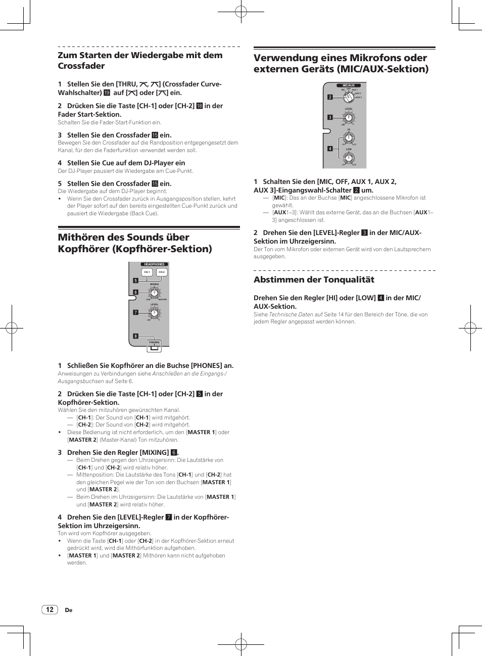 Zum starten der wiedergabe mit dem crossfader, Abstimmen der tonqualität | Pioneer DJM-250-W User Manual | Page 40 / 100