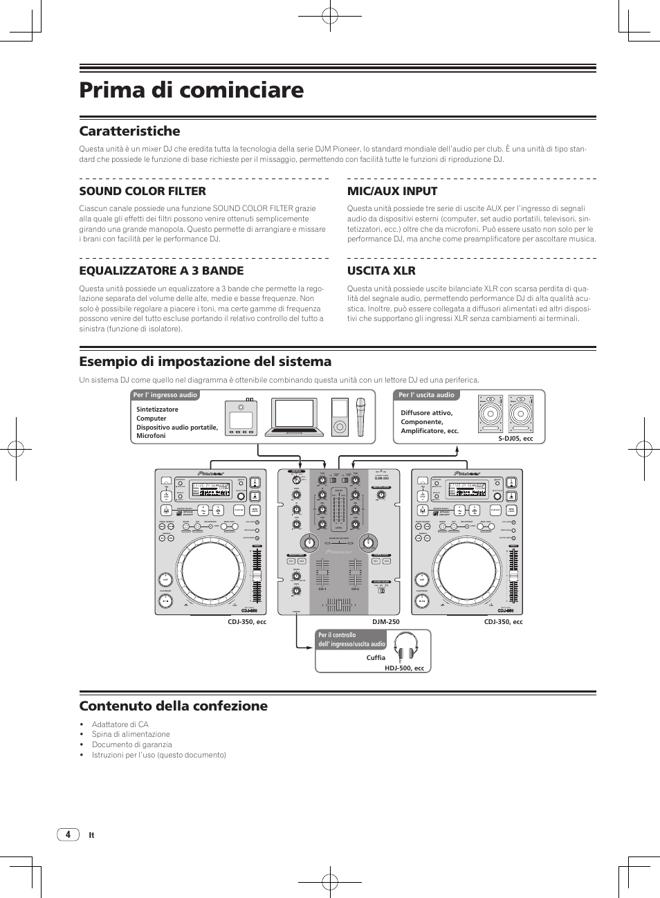 Prima di cominciare, Caratteristiche, Esempio di impostazione del sistema | Contenuto della confezione, Sound color filter, Equalizzatore a 3 bande, Mic/aux input, Uscita xlr, Multi player, 2 channel dj mixer | Pioneer DJM-250-W User Manual | Page 46 / 100