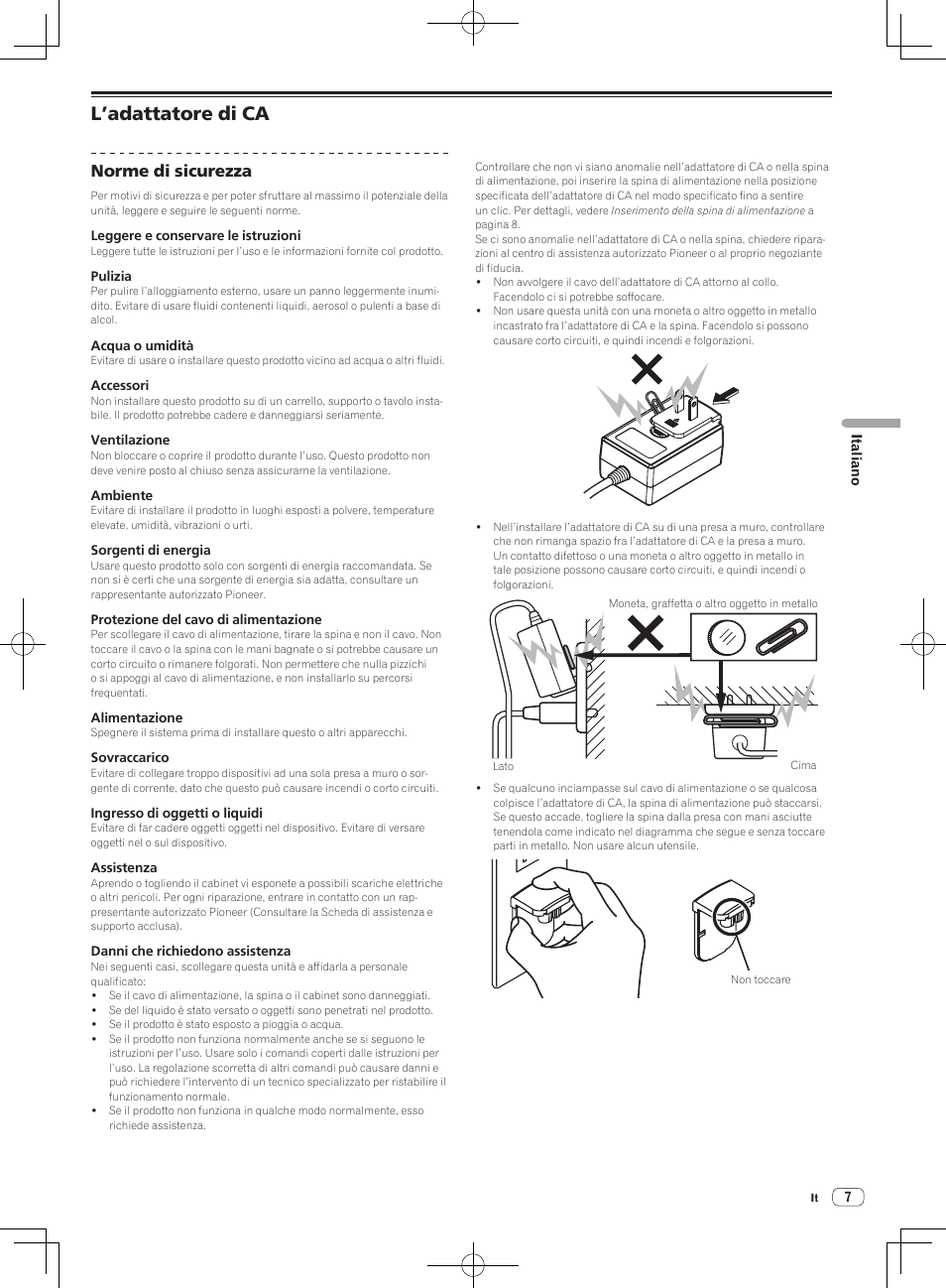 L’adattatore di ca, Norme di sicurezza | Pioneer DJM-250-W User Manual | Page 49 / 100