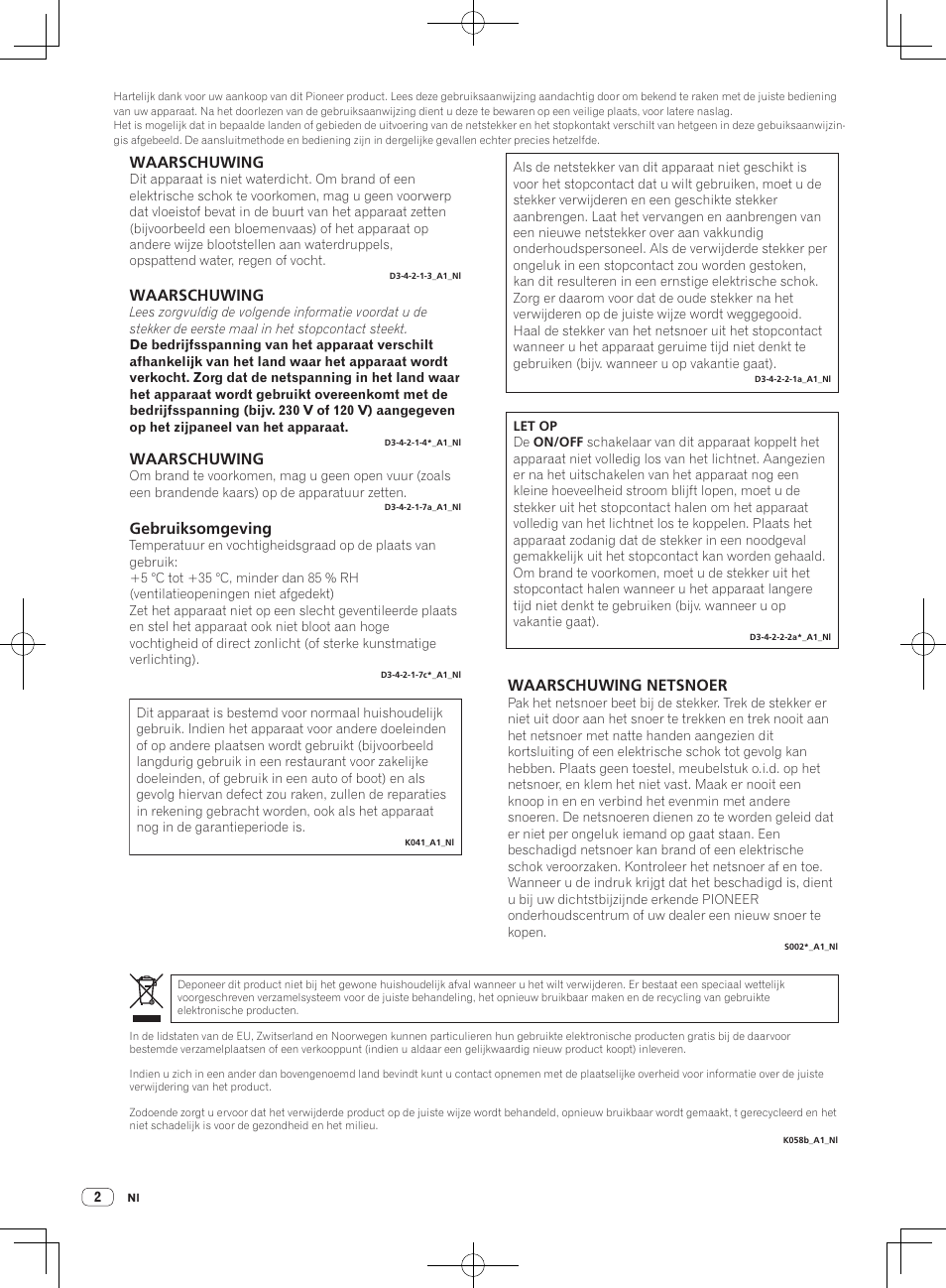 Waarschuwing, Gebruiksomgeving, Waarschuwing netsnoer | Pioneer DJM-250-W User Manual | Page 58 / 100