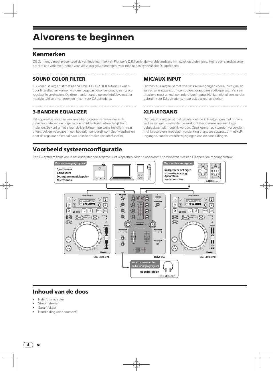 Alvorens te beginnen, Kenmerken, Voorbeeld systeemconfiguratie | Inhoud van de doos, Sound color filter, Banden equalizer, Mic/aux input, Xlr-uitgang, Multi player, 2 channel dj mixer | Pioneer DJM-250-W User Manual | Page 60 / 100