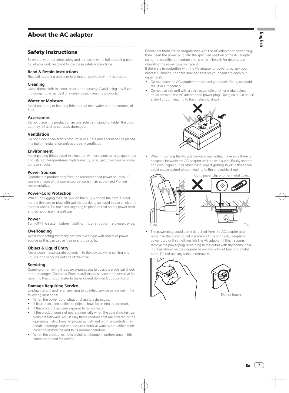 About the ac adapter, Safety instructions | Pioneer DJM-250-W User Manual | Page 7 / 100