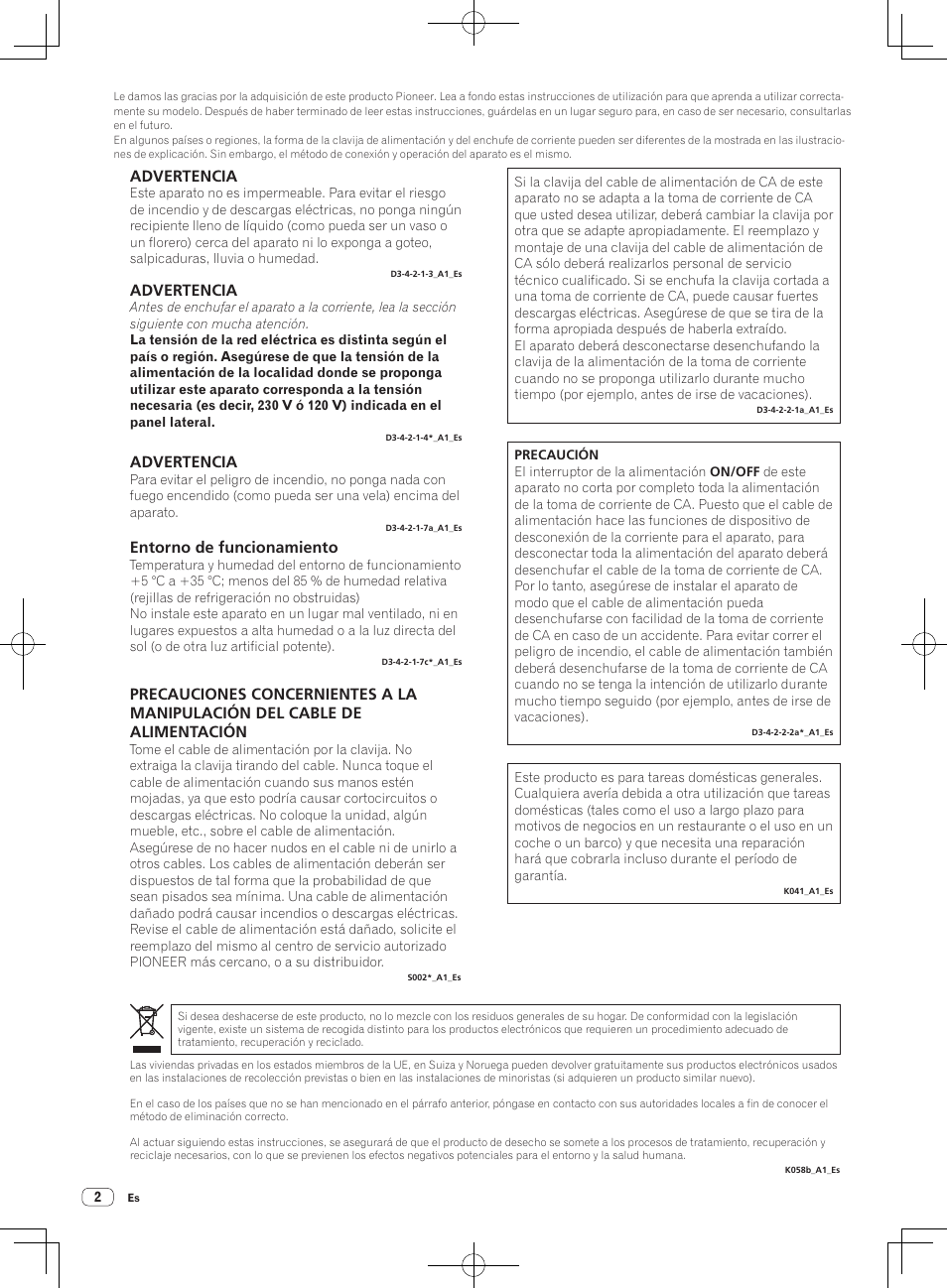 Advertencia, Entorno de funcionamiento | Pioneer DJM-250-W User Manual | Page 72 / 100
