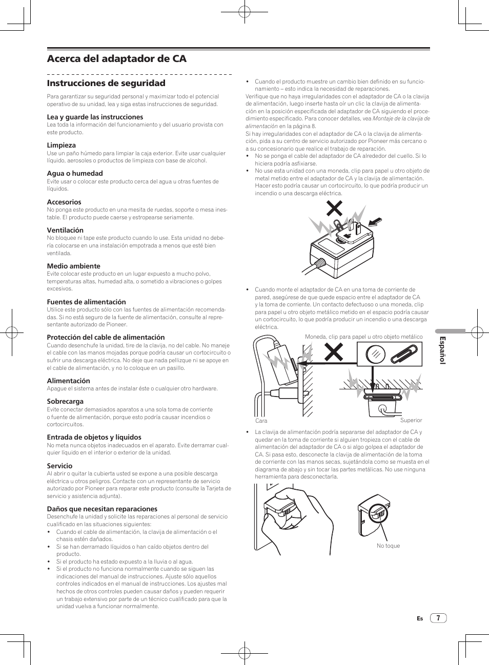 Acerca del adaptador de ca, Instrucciones de seguridad | Pioneer DJM-250-W User Manual | Page 77 / 100