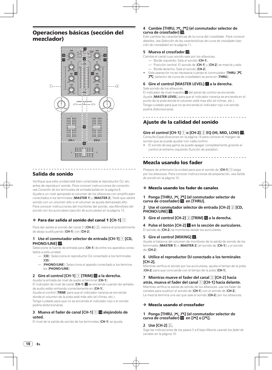 Operaciones básicas (sección del mezclador), Salida de sonido, Ajuste de la calidad del sonido | Mezcla usando los fader, Para dar salida al sonido del canal 1 [ch-1] 1, 2 gire el control [ch-1] 1 [trim] a a la derecha, 5 mueva el crossfader f, 6 gire el control [master level] 1 a la derecha, 5 gire el control [mixing] 6 | Pioneer DJM-250-W User Manual | Page 80 / 100