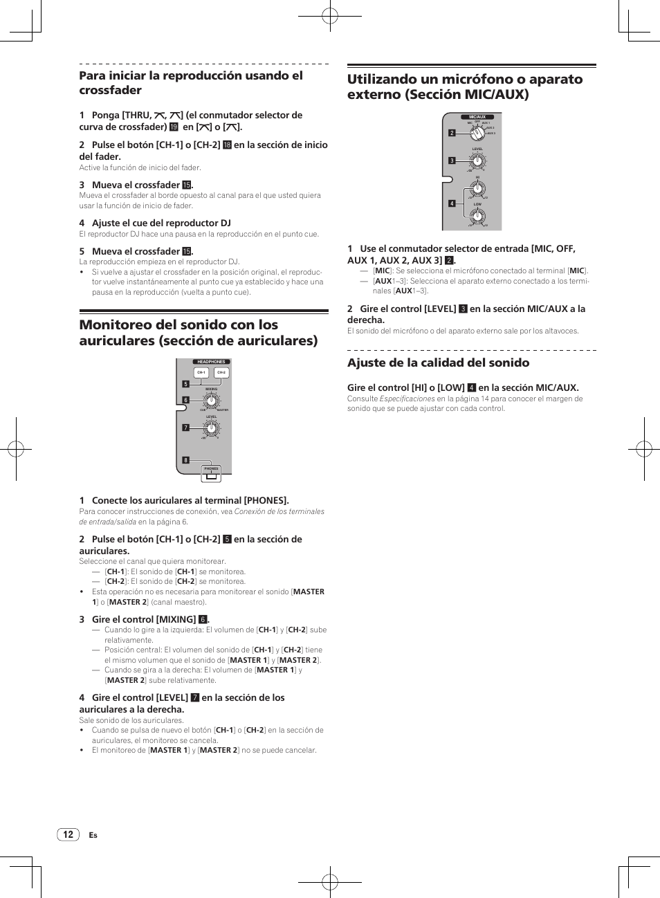Para iniciar la reproducción usando el crossfader, Ajuste de la calidad del sonido | Pioneer DJM-250-W User Manual | Page 82 / 100