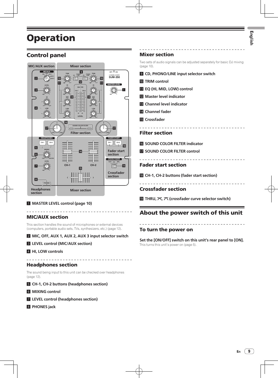 Control panel about the power switch of this unit, Operation, Control panel | About the power switch of this unit, English, 1master level control (page 10), Jthru, , (crossfader curve selector switch) | Pioneer DJM-250-W User Manual | Page 9 / 100