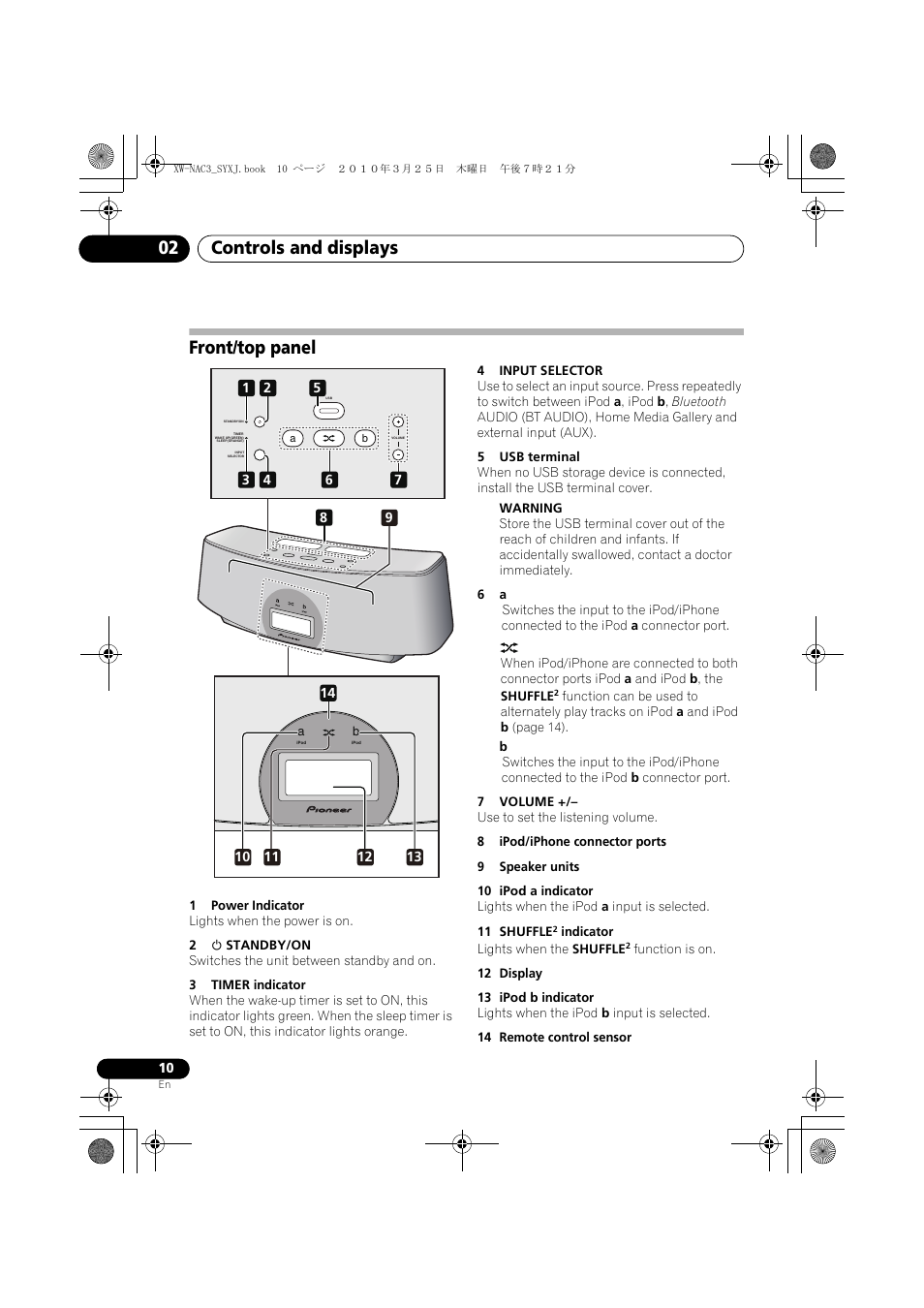 Front/top panel, Controls and displays 02 | Pioneer XW-NAC3-R User Manual | Page 10 / 132