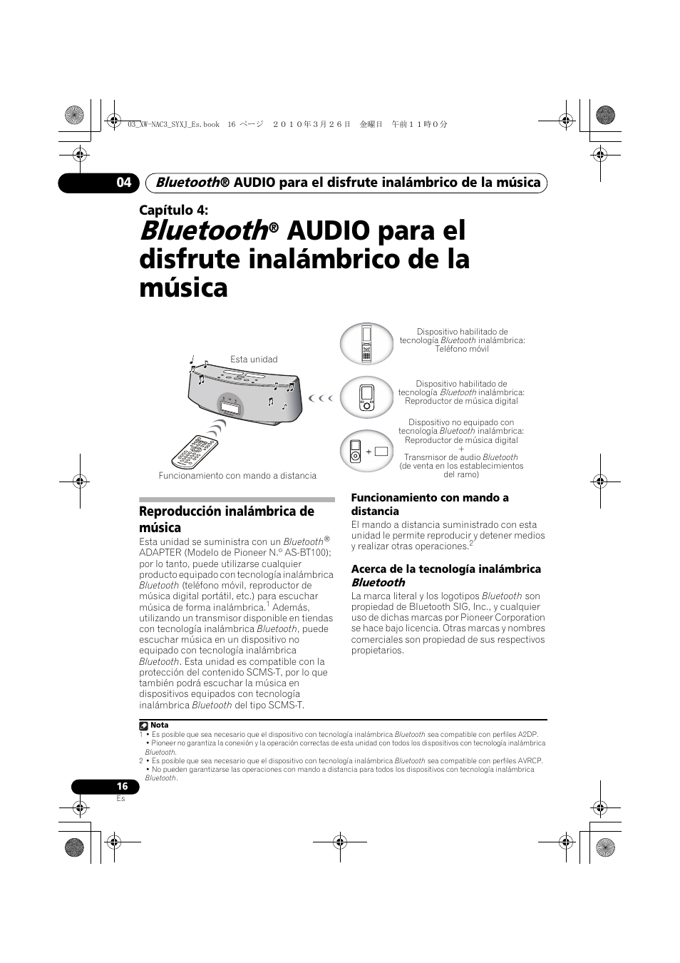 Bluetooth, Audio para el, Disfrute inalámbrico de la música | Reproducción inalámbrica de música, Audio para el disfrute inalámbrico de la música, Audio para el disfrute inalámbrico de la música 04, Capítulo 4 | Pioneer XW-NAC3-R User Manual | Page 100 / 132