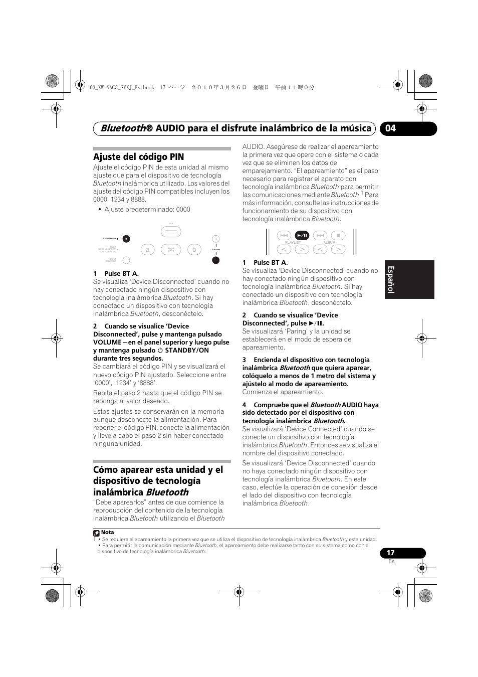 Bluetooth, Audio para el disfrute inalámbrico de la música 04, Ajuste del código pin | English français español | Pioneer XW-NAC3-R User Manual | Page 101 / 132