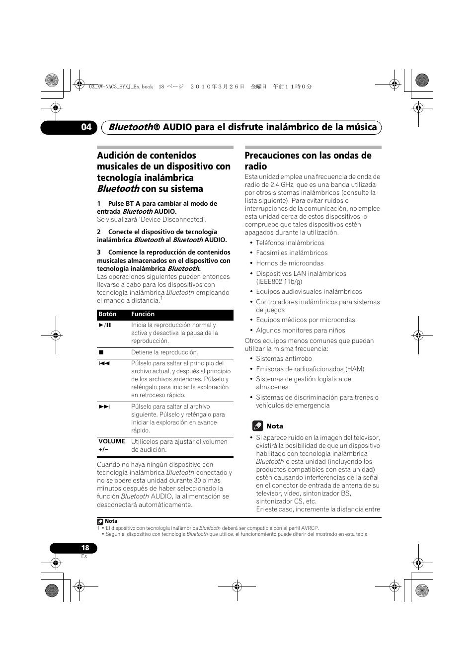 Bluetooth, Audio para el disfrute inalámbrico de la música 04, Con su sistema | Precauciones con las ondas de radio | Pioneer XW-NAC3-R User Manual | Page 102 / 132