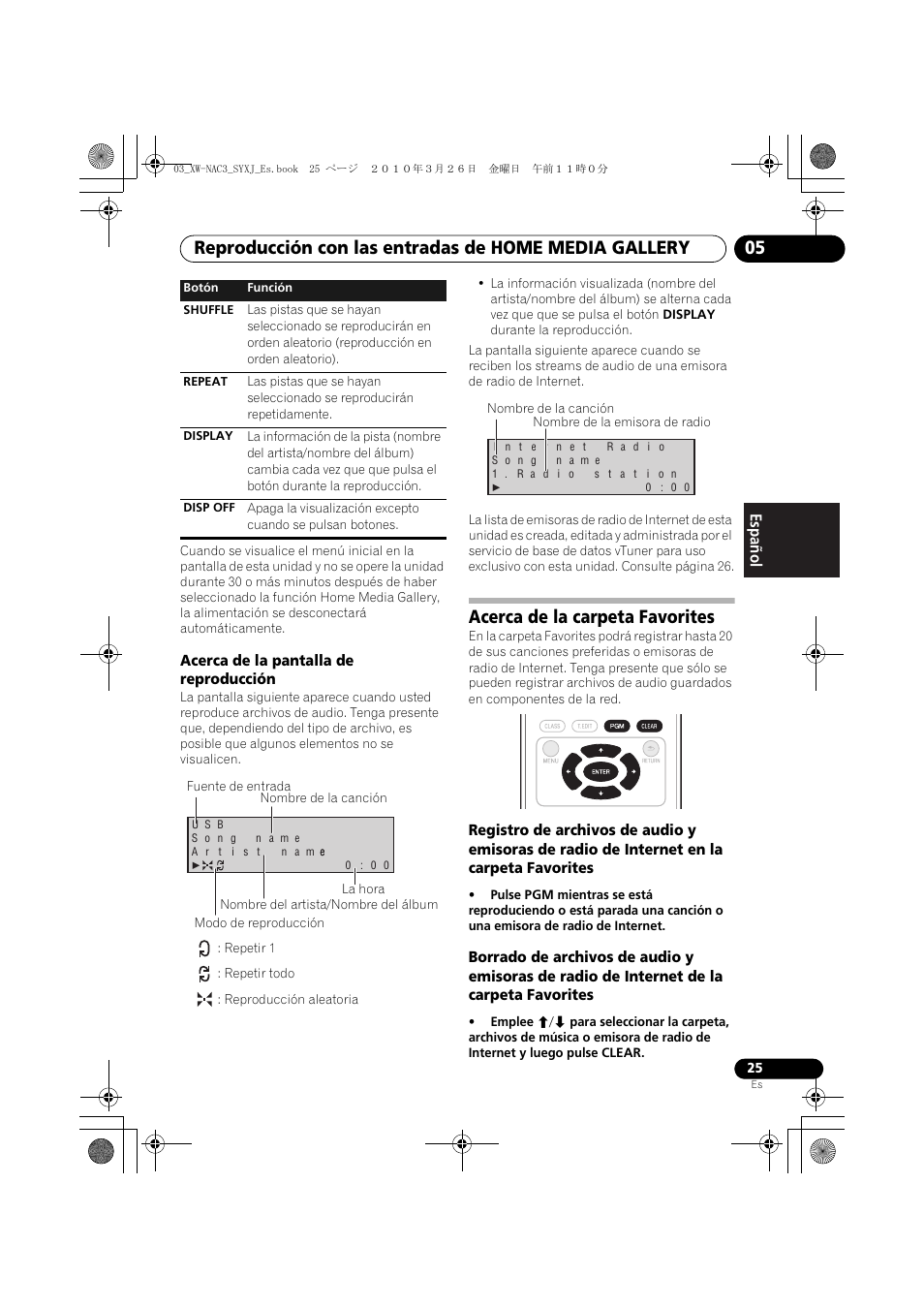Acerca de la pantalla de reproducción, Acerca de la carpeta favorites | Pioneer XW-NAC3-R User Manual | Page 109 / 132