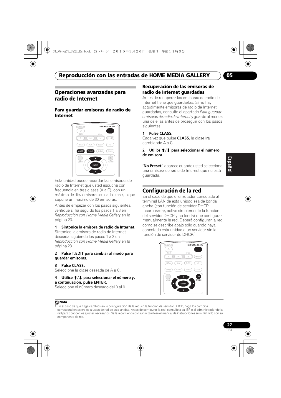 Operaciones avanzadas para radio de internet, Configuración de la red | Pioneer XW-NAC3-R User Manual | Page 111 / 132