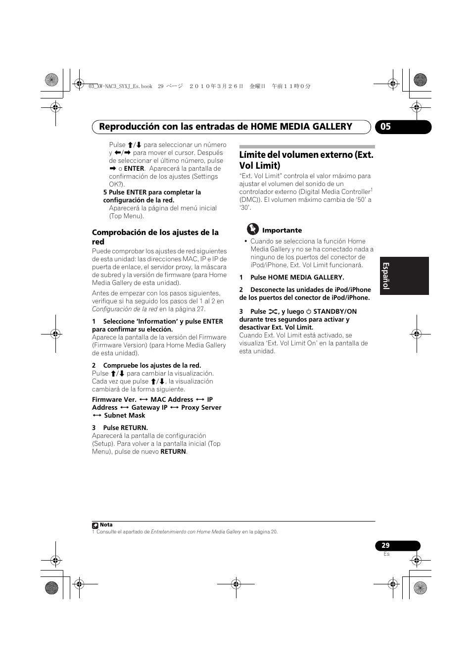 Comprobación de los ajustes de la red, Límite del volumen externo (ext. vol limit) | Pioneer XW-NAC3-R User Manual | Page 113 / 132