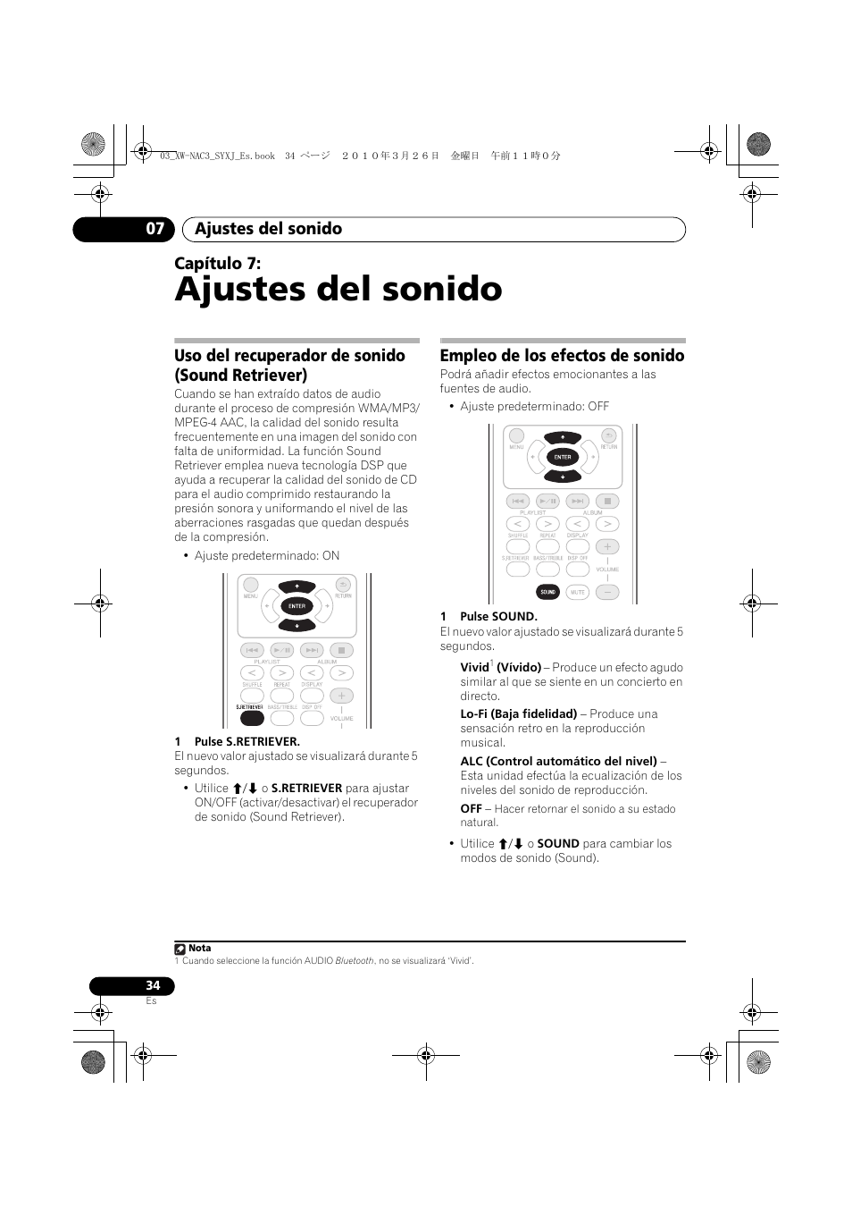 07 ajustes del sonido, Ajustes del sonido, Ajustes del sonido 07 | Capítulo 7, Uso del recuperador de sonido (sound retriever), Empleo de los efectos de sonido | Pioneer XW-NAC3-R User Manual | Page 118 / 132