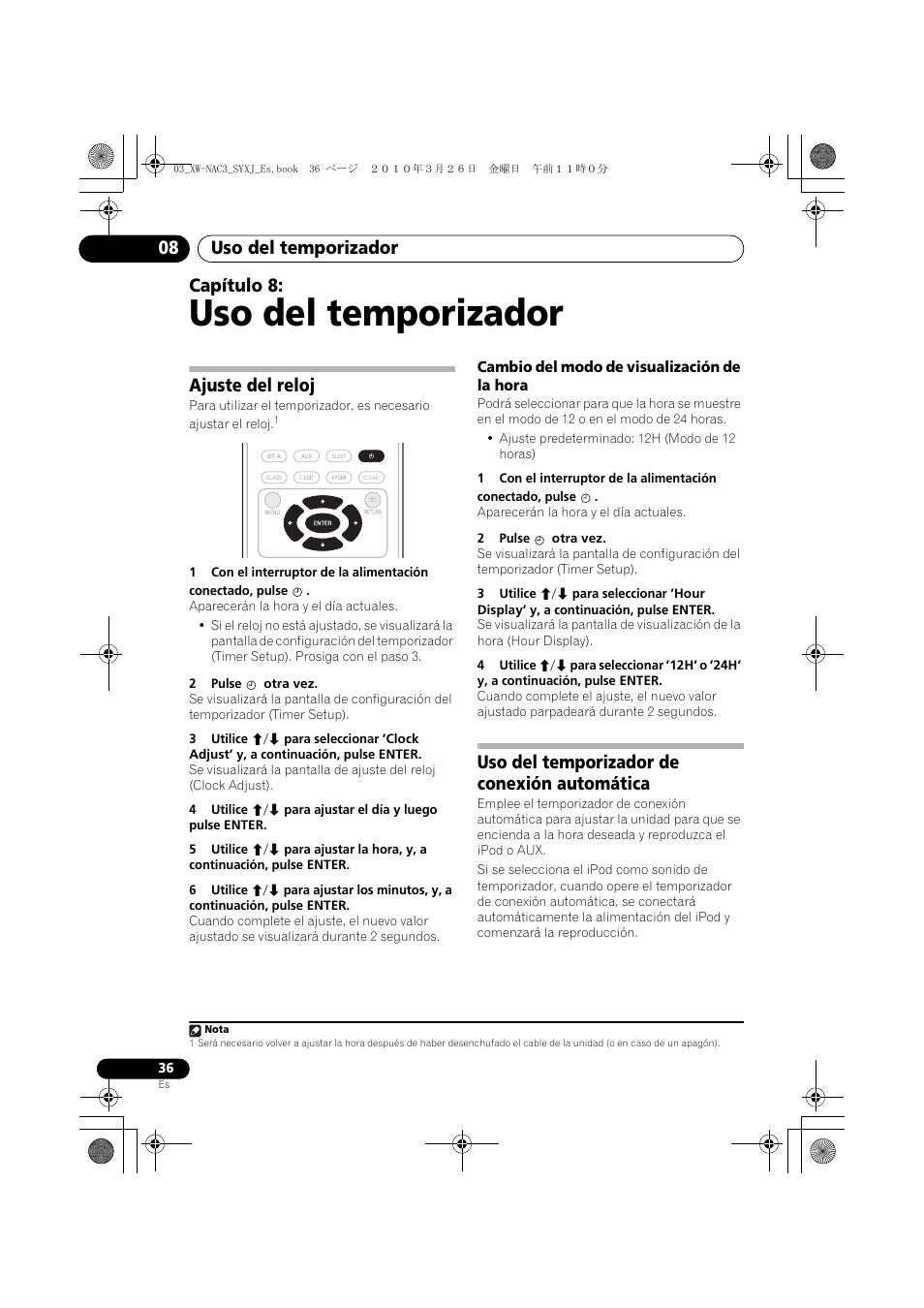 08 uso del temporizador, Ajuste del reloj, Cambio del modo de visualización de la hora | Uso del temporizador de conexión automática, Uso del temporizador, Uso del temporizador 08, Capítulo 8 | Pioneer XW-NAC3-R User Manual | Page 120 / 132